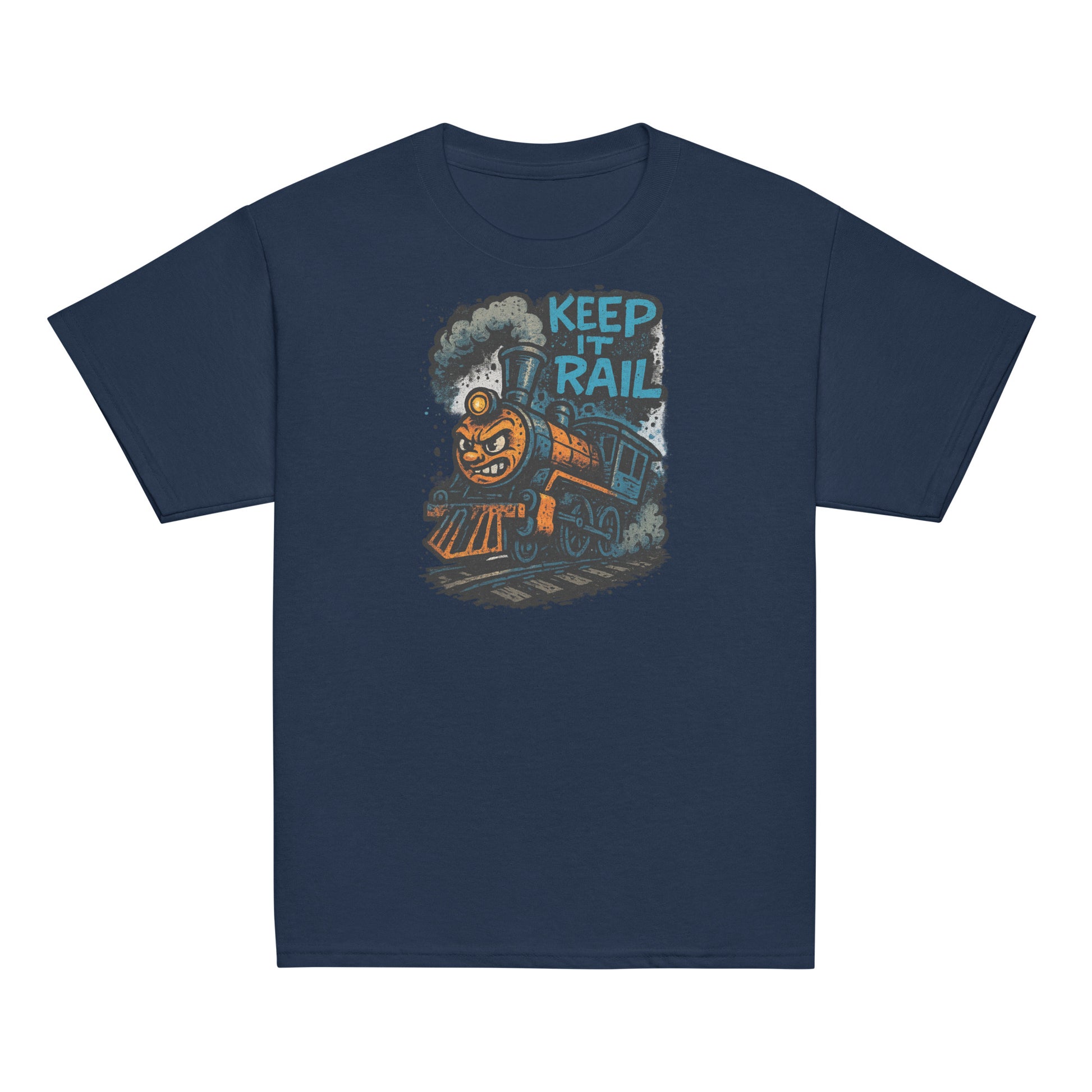 Navy blue t-shirt with a train graphic and 'Keep It Rail' text on a white background