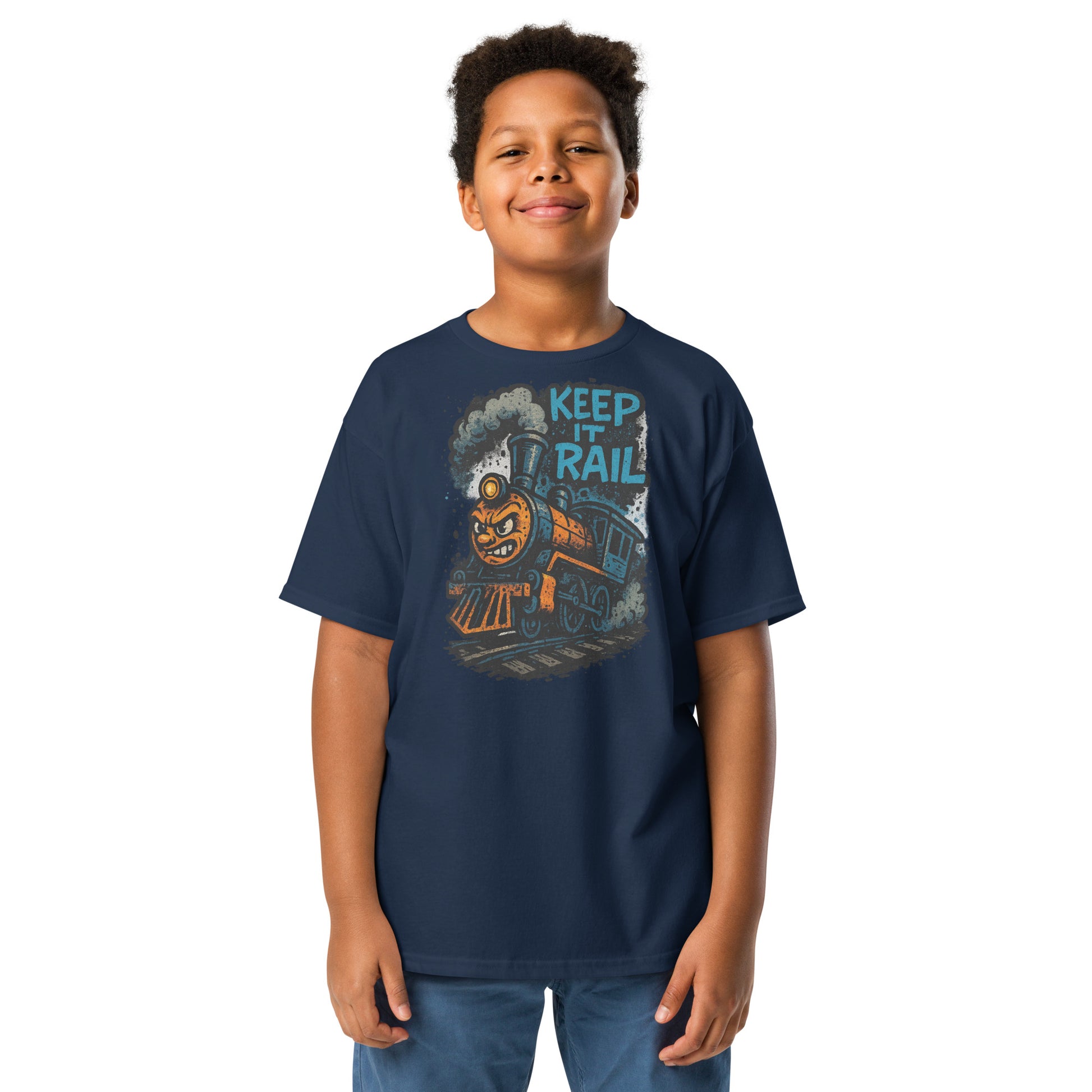 Child wearing a navy blue t-shirt with a train graphic and text on a white background