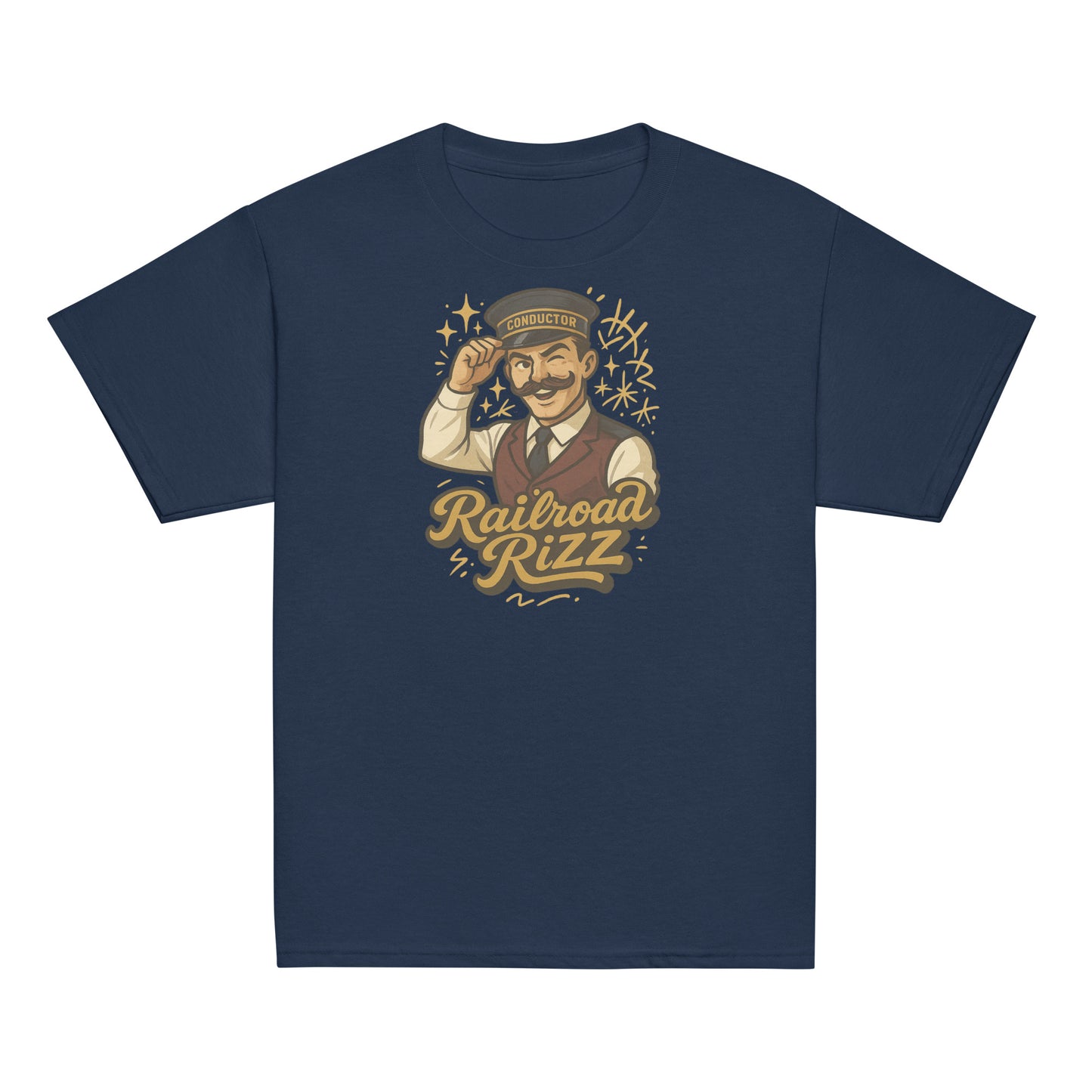 Navy blue t-shirt with a graphic of a conductor and 'Railroad Rizz' text on a white background