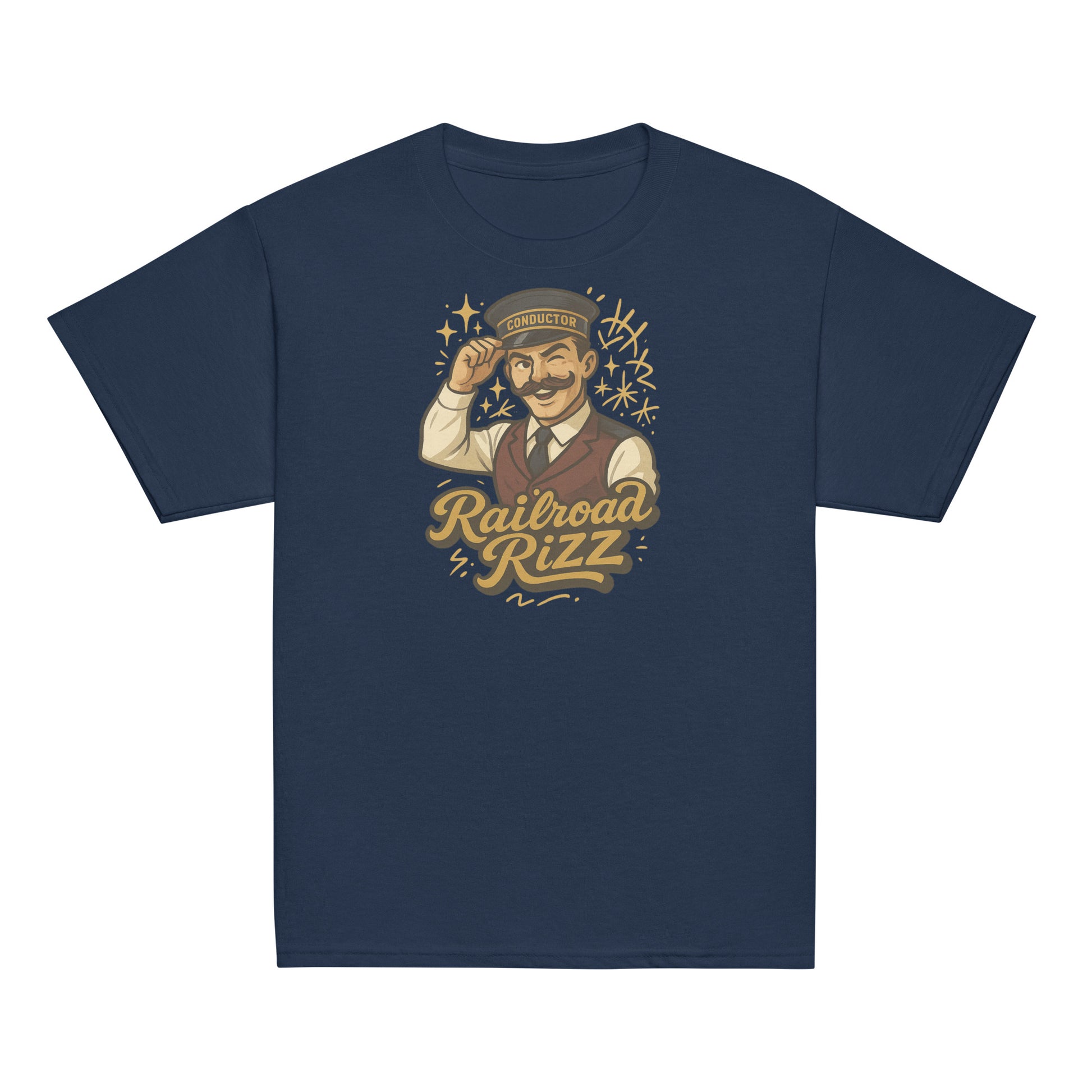 Navy blue t-shirt with a graphic of a conductor and 'Railroad Rizz' text on a white background