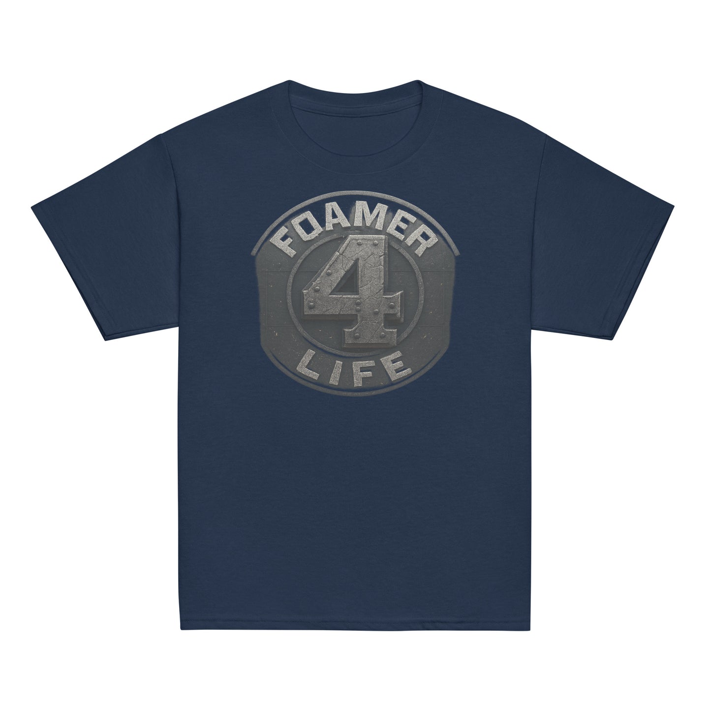 Navy blue t-shirt with 'Foamer 4 Life' graphic on a white background