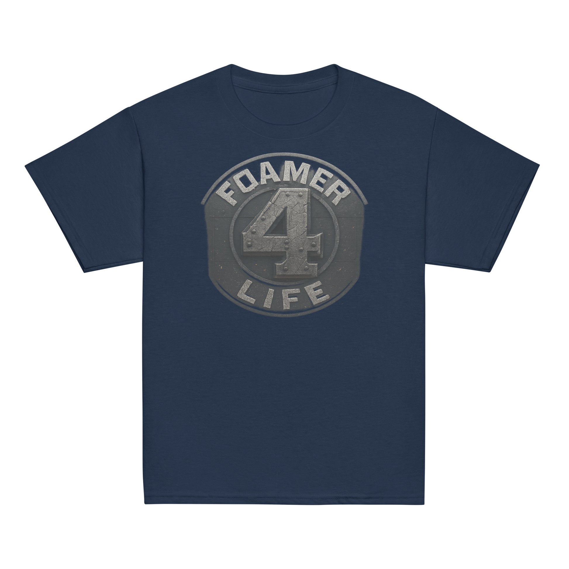 Navy blue t-shirt with 'Foamer 4 Life' graphic on a white background
