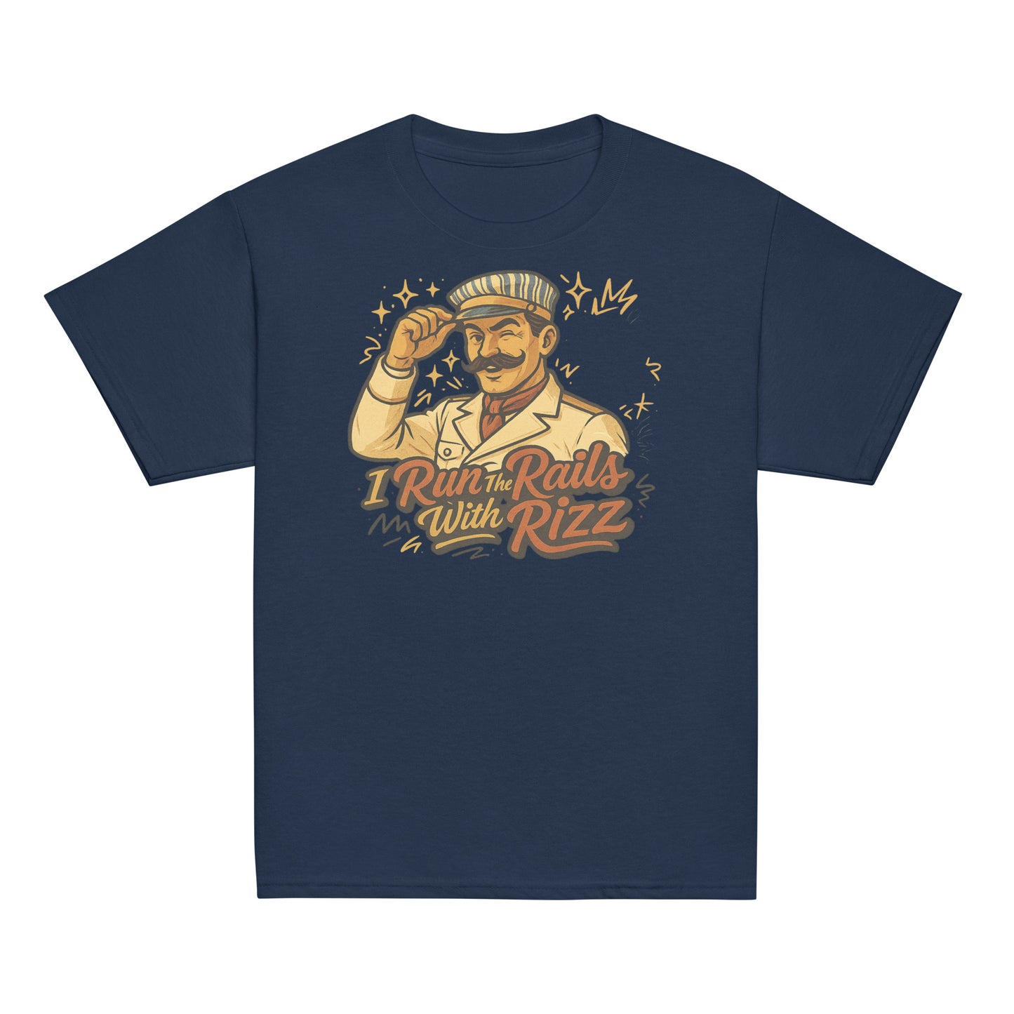 Navy blue t-shirt with a graphic of a man and text 'I Run the Rails With Rizz' on a white background