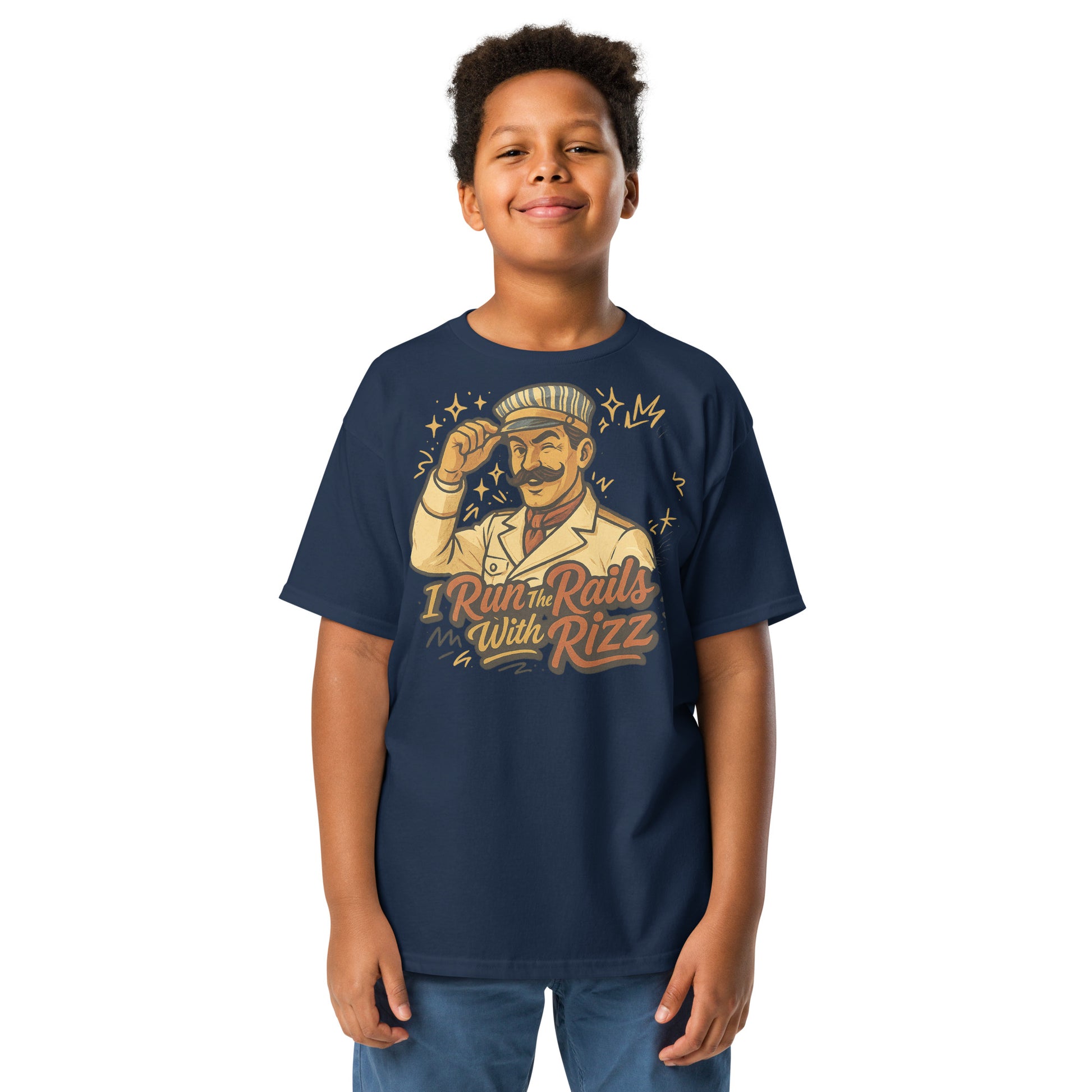 Child wearing a navy blue t-shirt with a graphic design and text on a white background