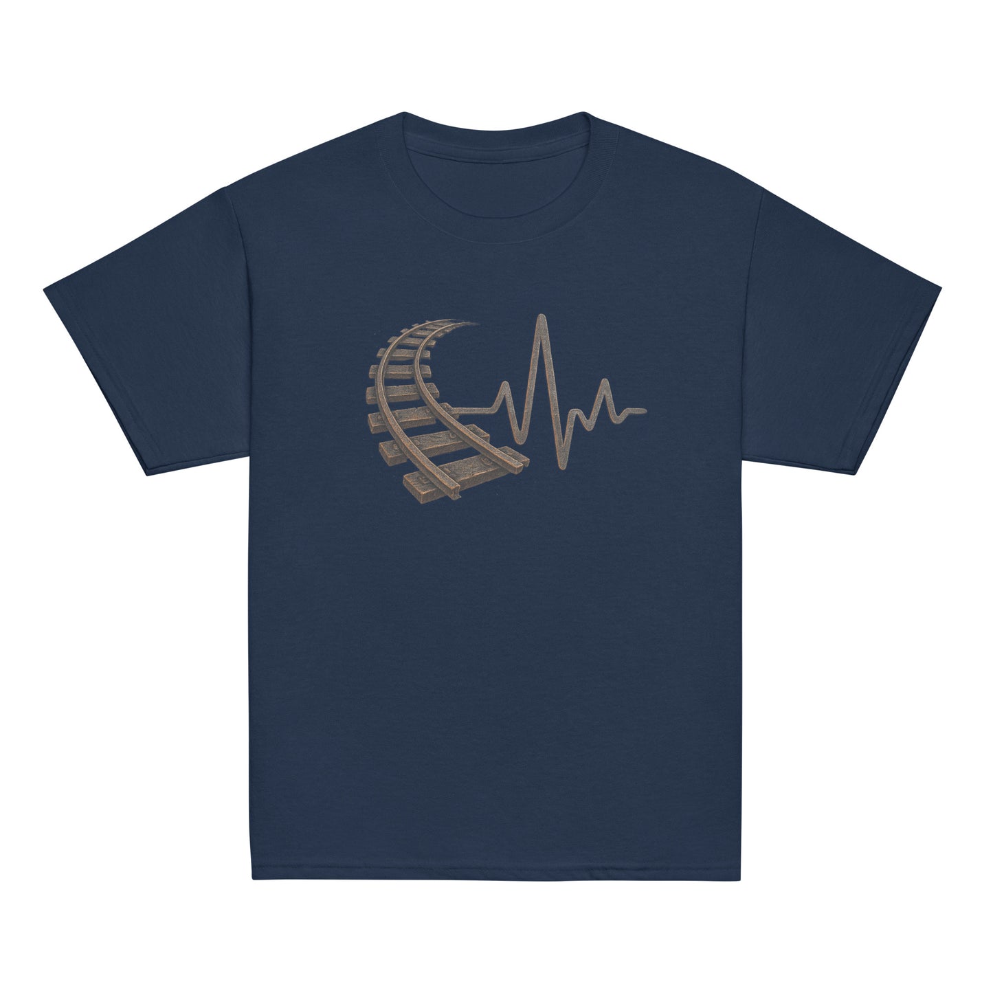 Navy blue t-shirt with a graphic design on a white background