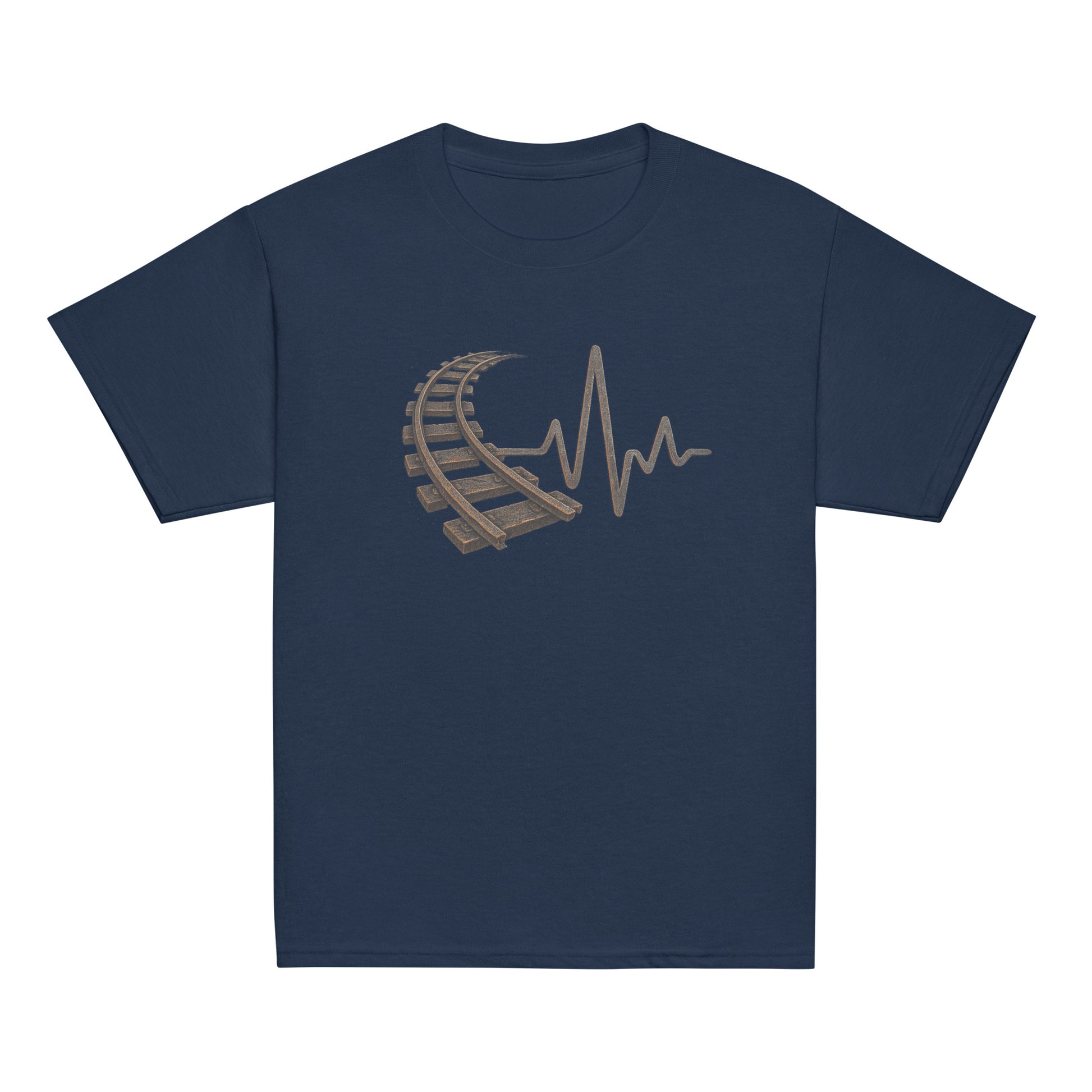 Navy blue t-shirt with a graphic design on a white background
