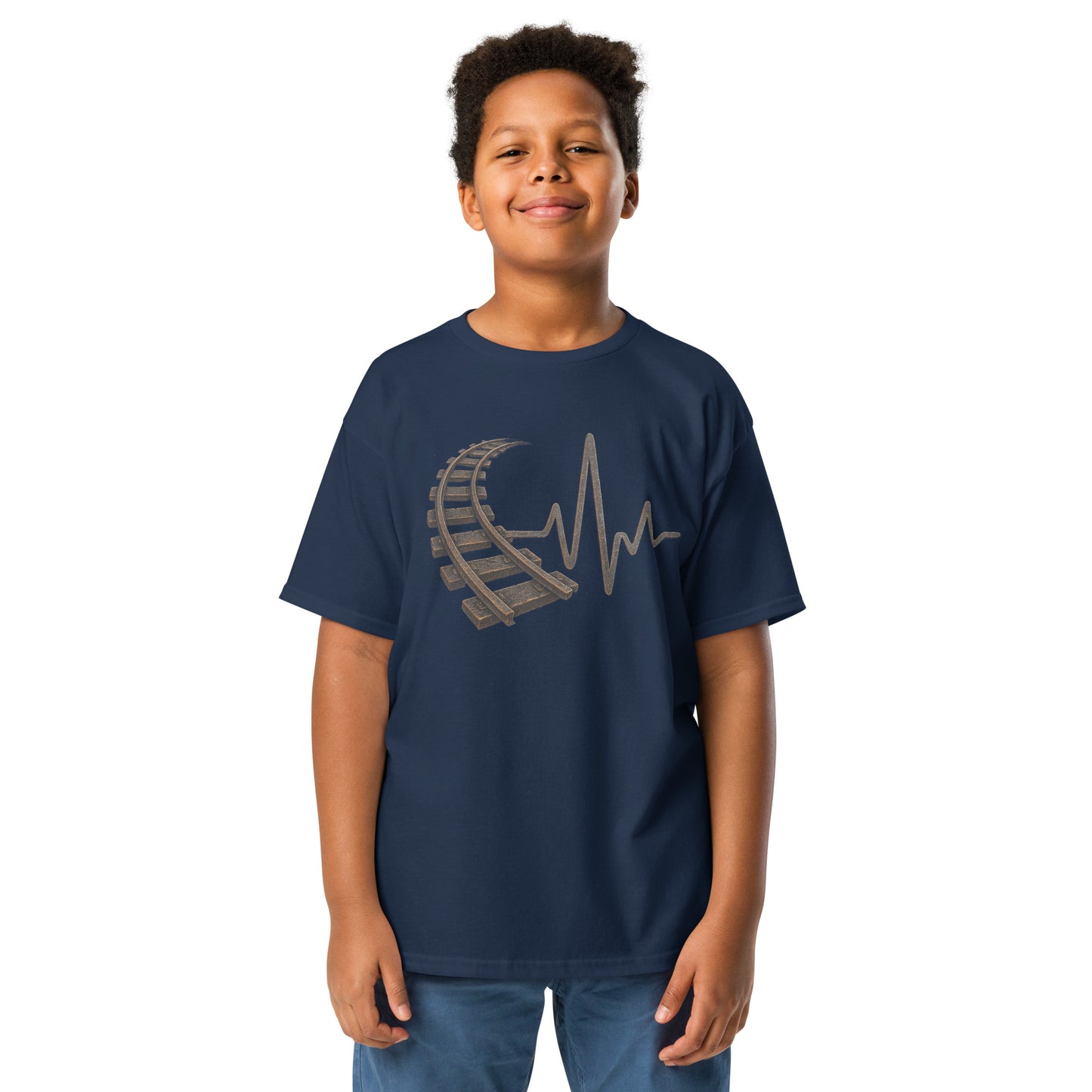 Child wearing a navy blue t-shirt with a unique design on a white background
