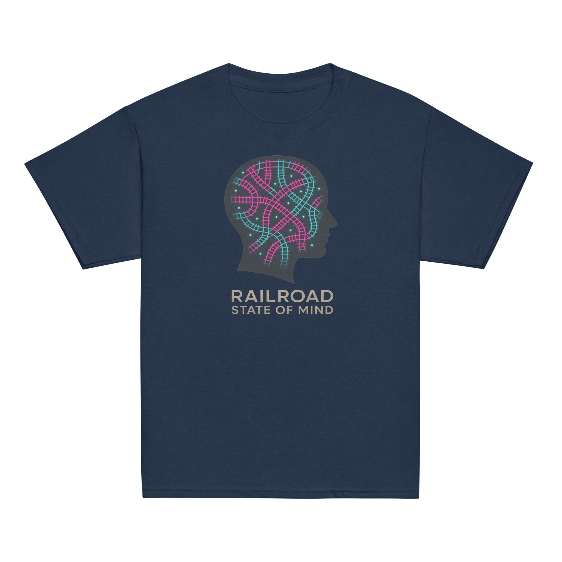 Navy blue t-shirt with a colorful graphic and 'Railroad State of Mind' text on a white background