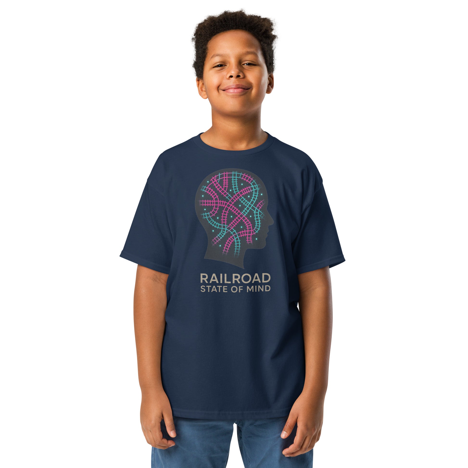Child wearing a navy blue t-shirt with colorful graphic and text on a white background