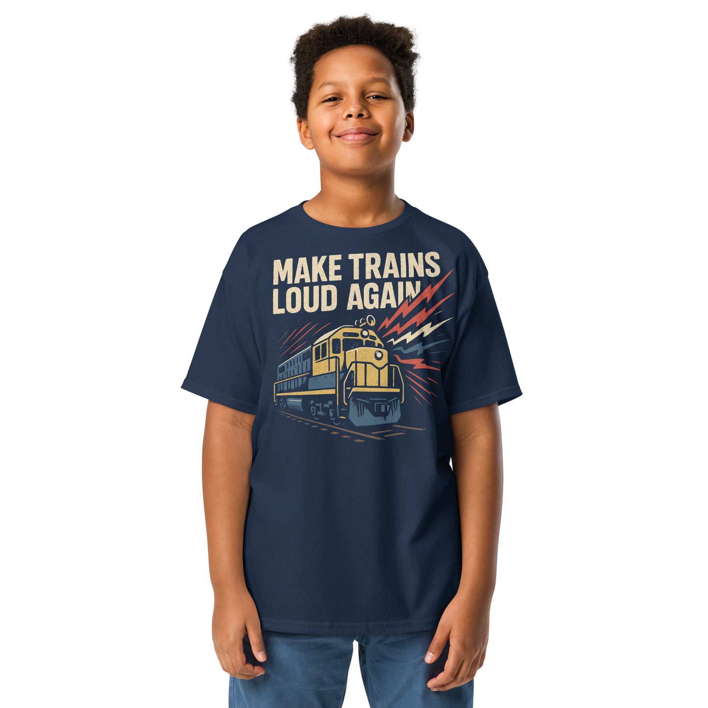 Child wearing a navy blue t-shirt with a train graphic and text on a white background