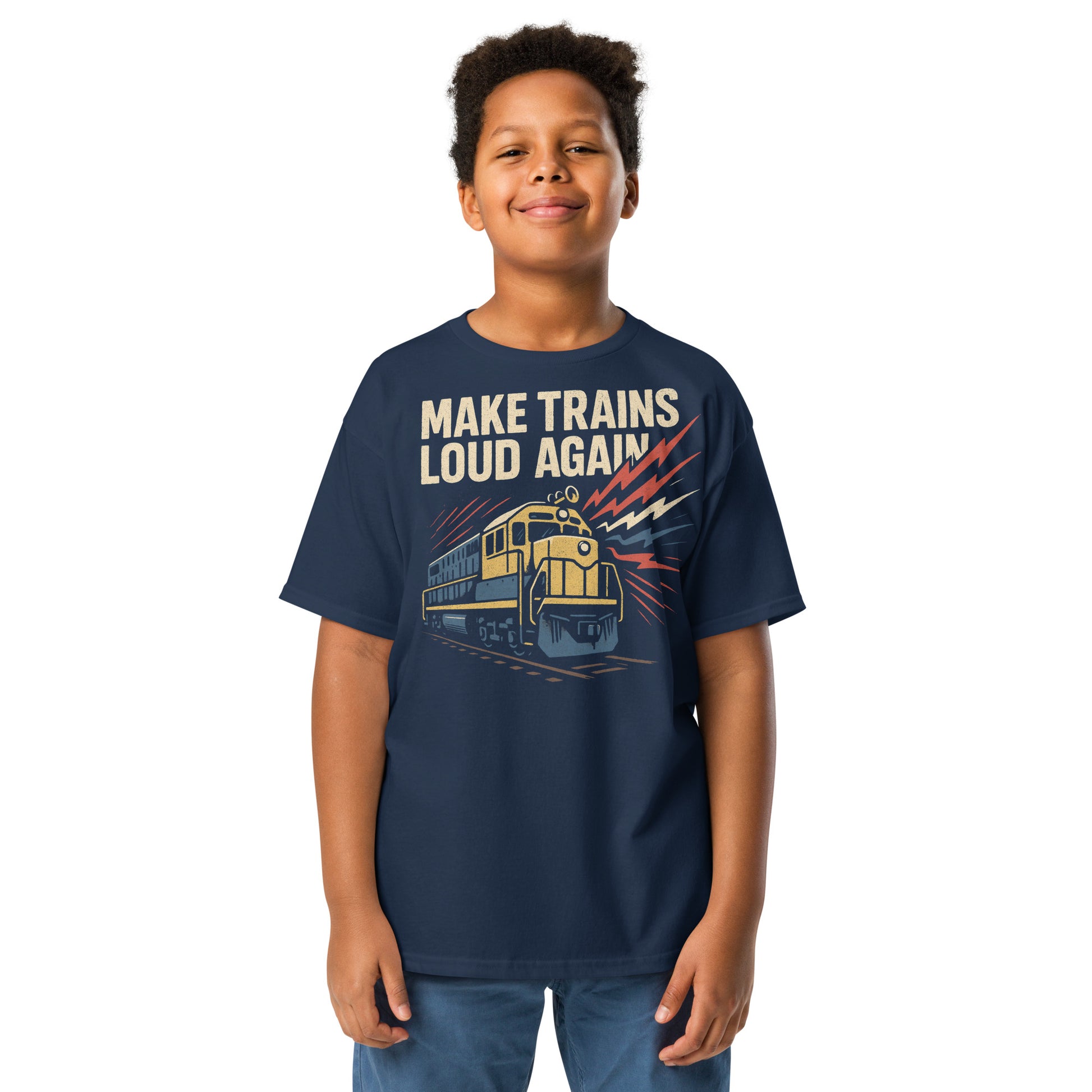 Child wearing a navy blue t-shirt with a train graphic and text on a white background