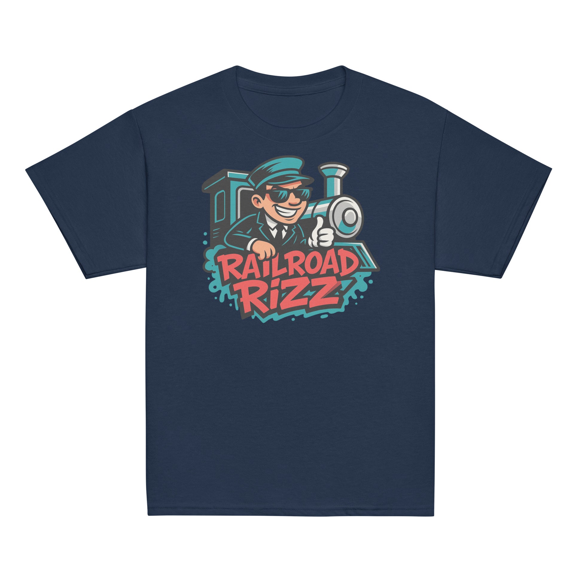 Navy blue t-shirt with 'Railroad Rizz' graphic design featuring a train engineer on a white background.