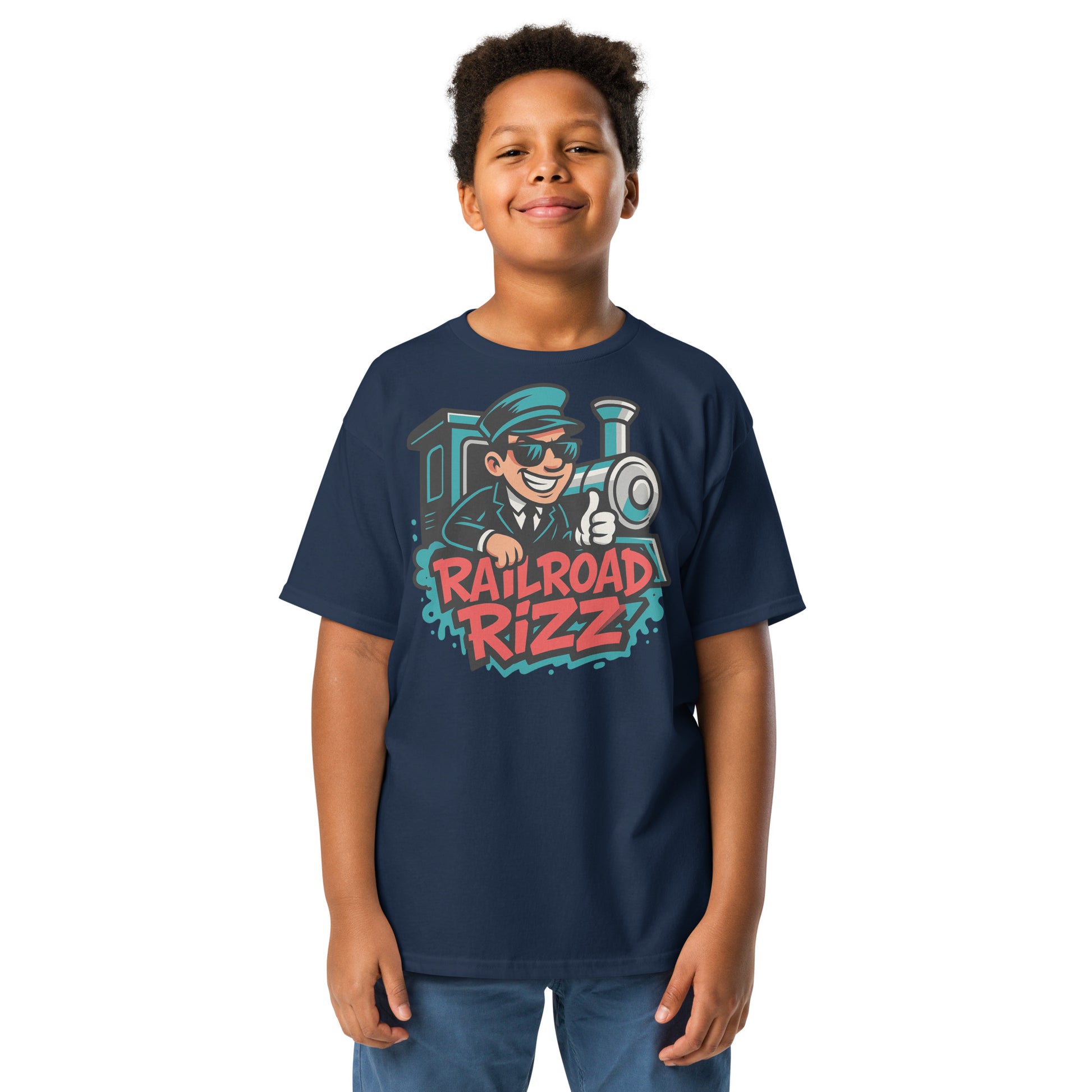 Child wearing a navy blue t-shirt with 'Railroad Rizz' graphic design on a white background