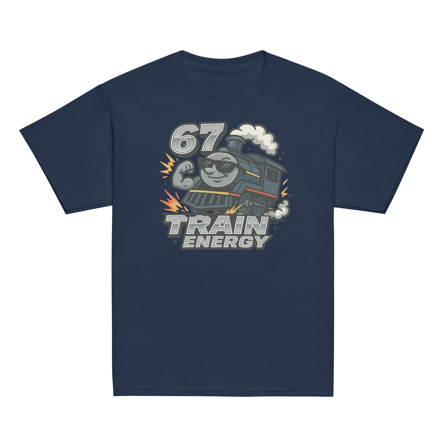 Navy blue t-shirt with a train graphic and '67 Train Energy' text on a white background