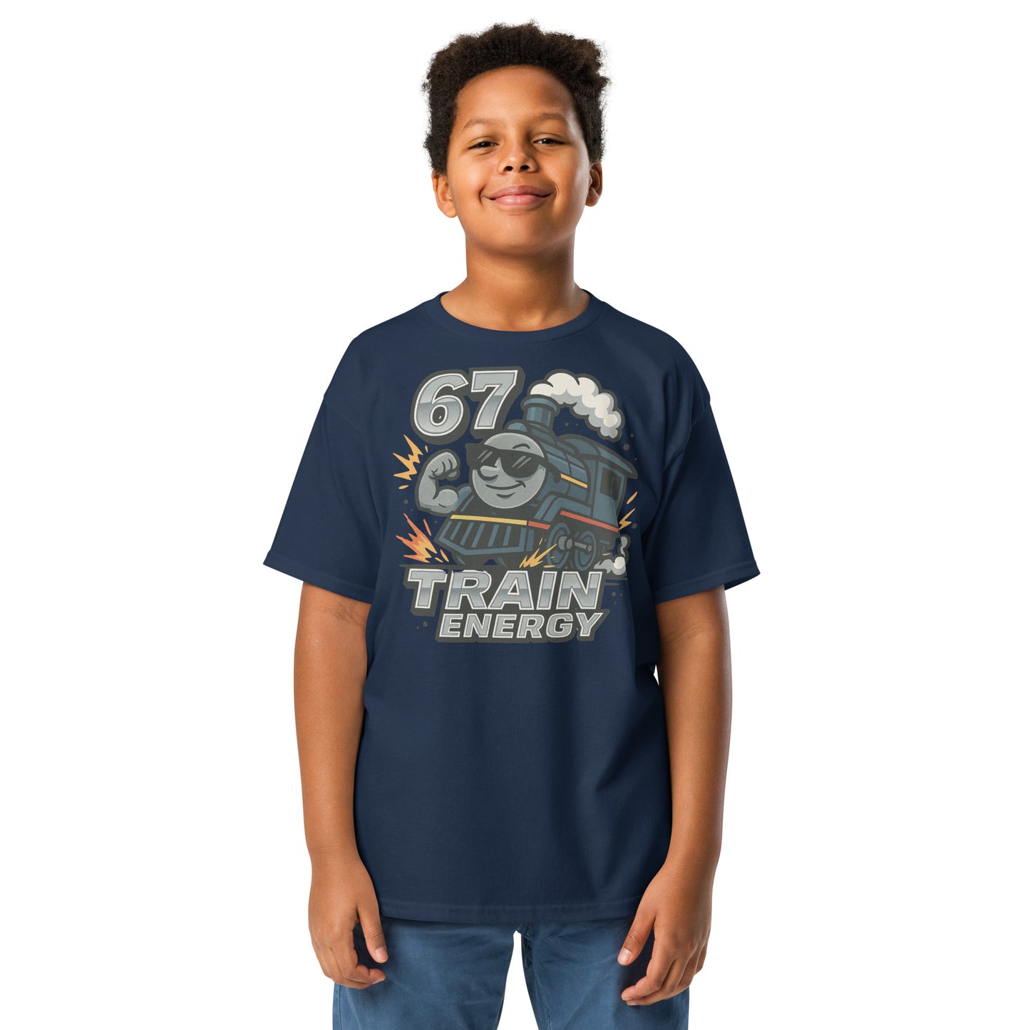 Child wearing a navy blue t-shirt with a train graphic and text on a white background