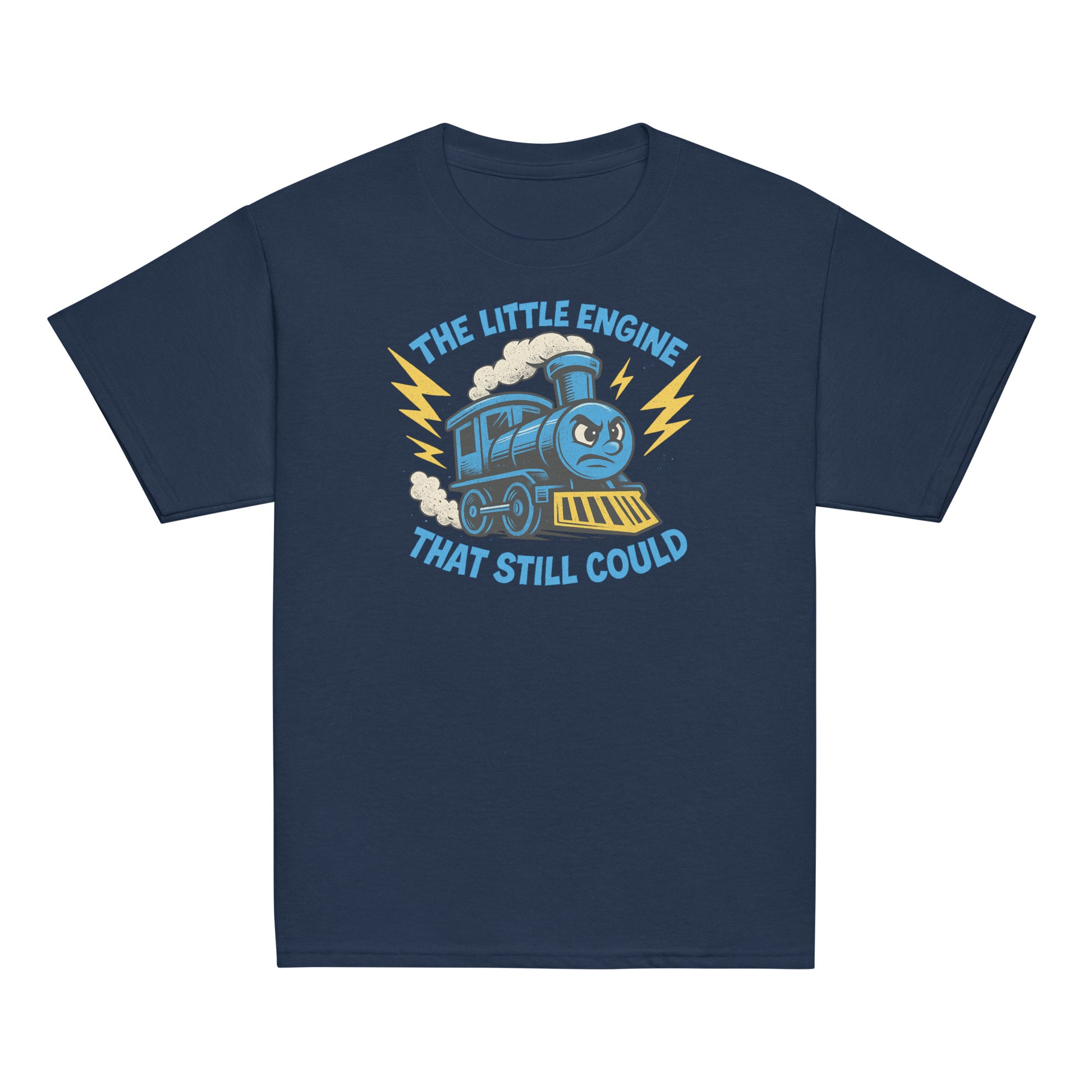 Navy blue t-shirt with a train graphic and text on a white background
