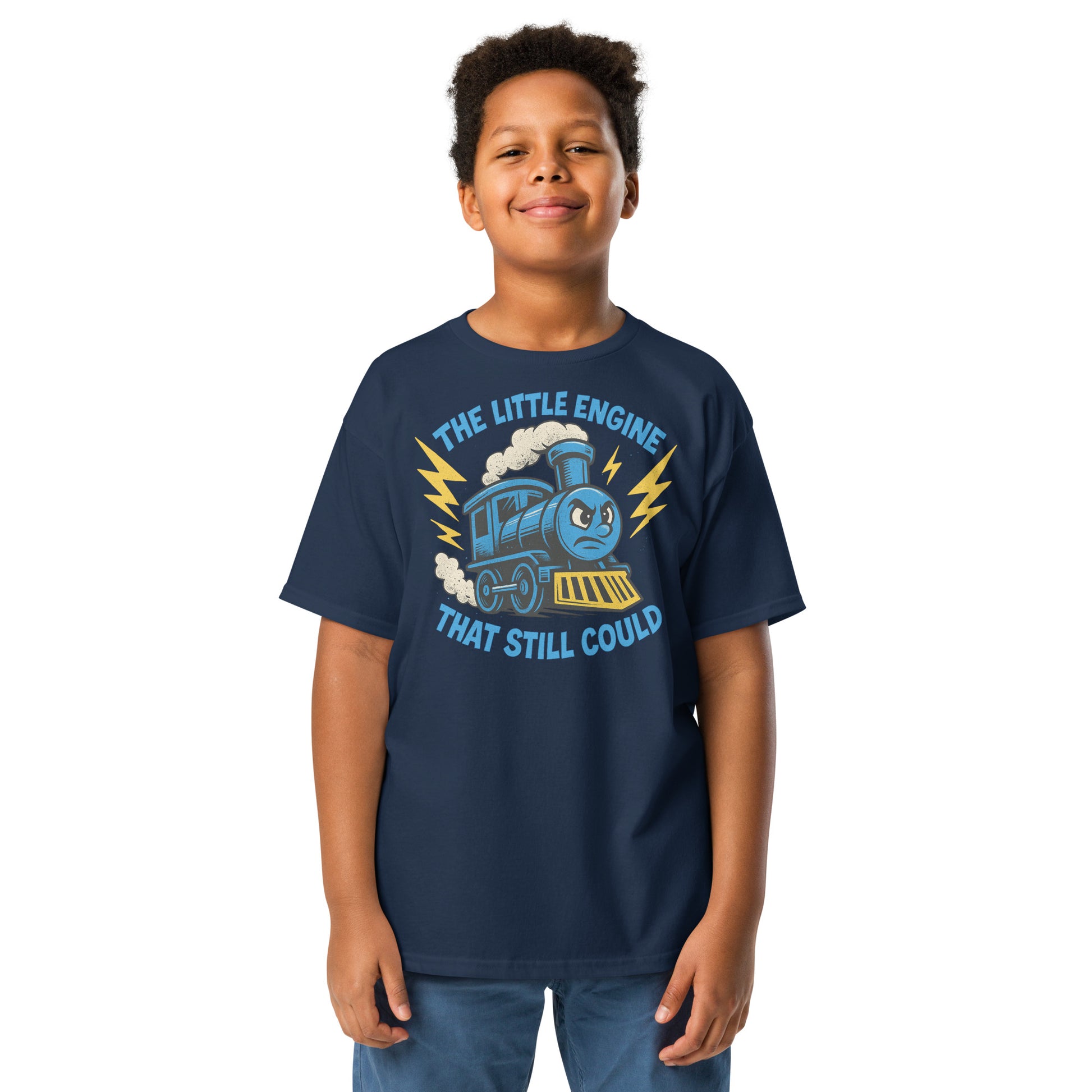 Child wearing a navy blue t-shirt with a train graphic and text on a white background