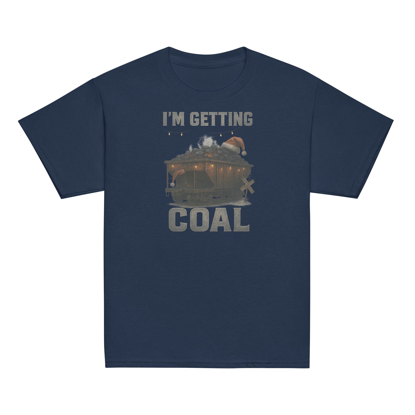 Navy blue t-shirt with a graphic of a coal car and 'I'm Getting Coal' text on a white background
