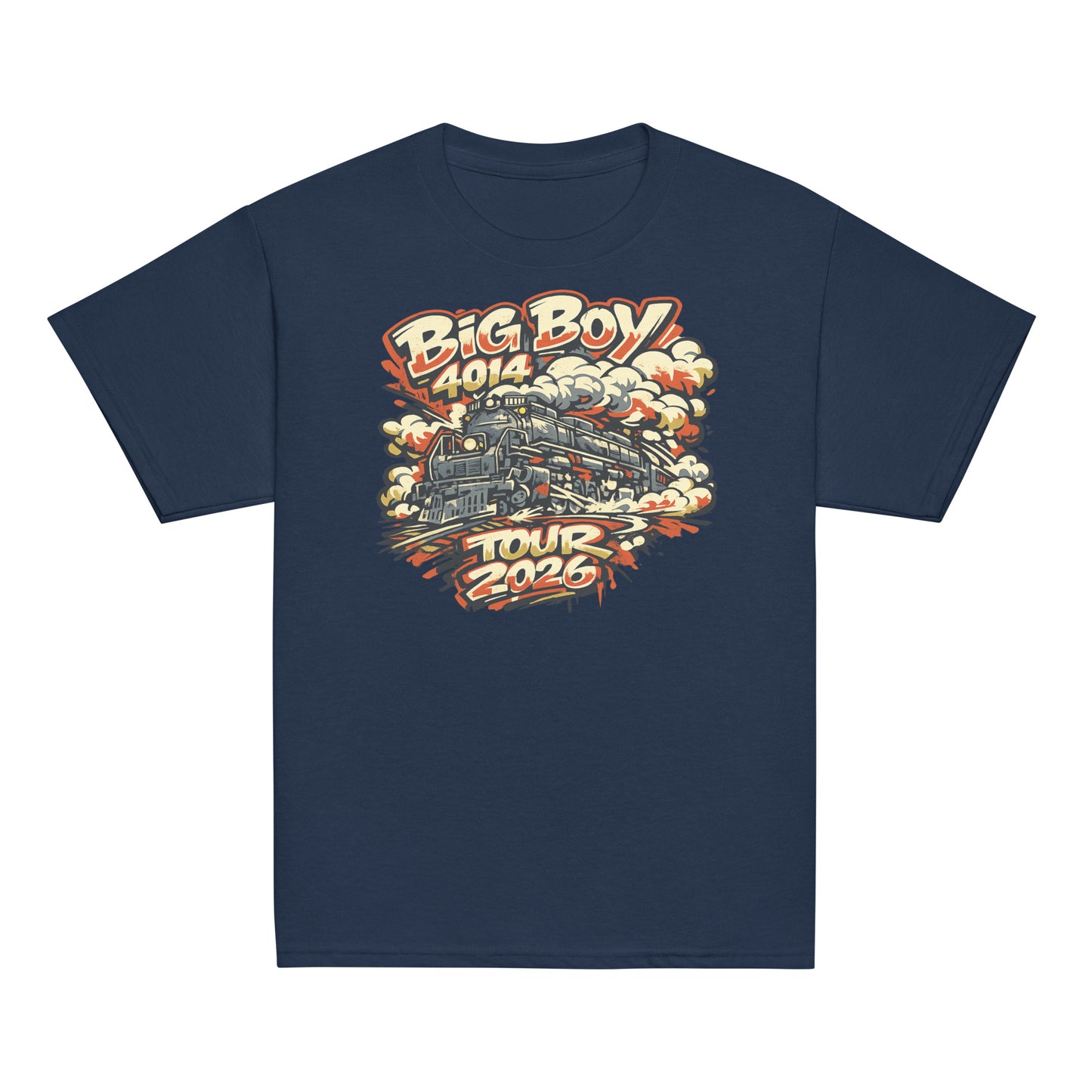 Navy blue t-shirt with a train graphic and text on a white background
