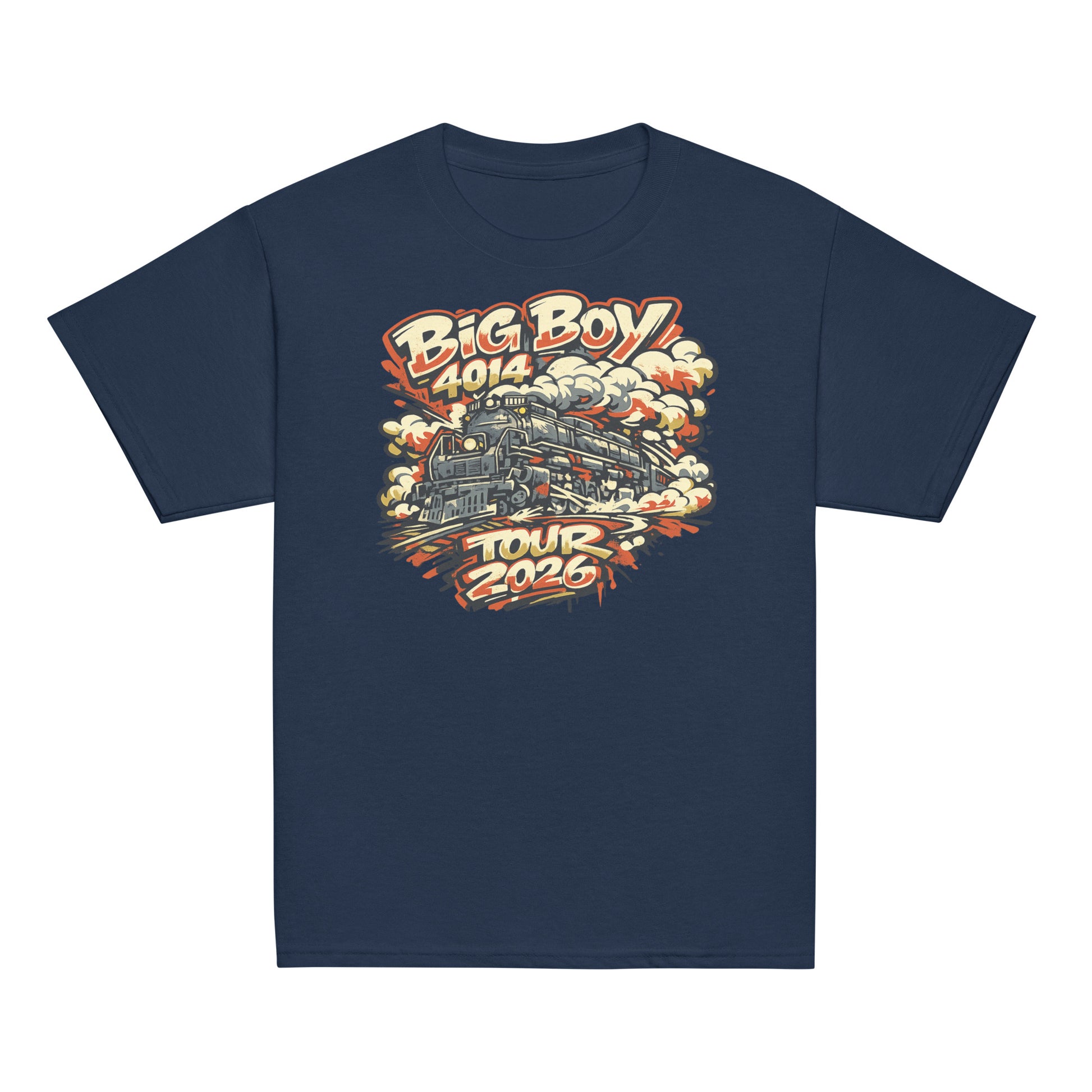 Navy blue t-shirt with a train graphic and text on a white background