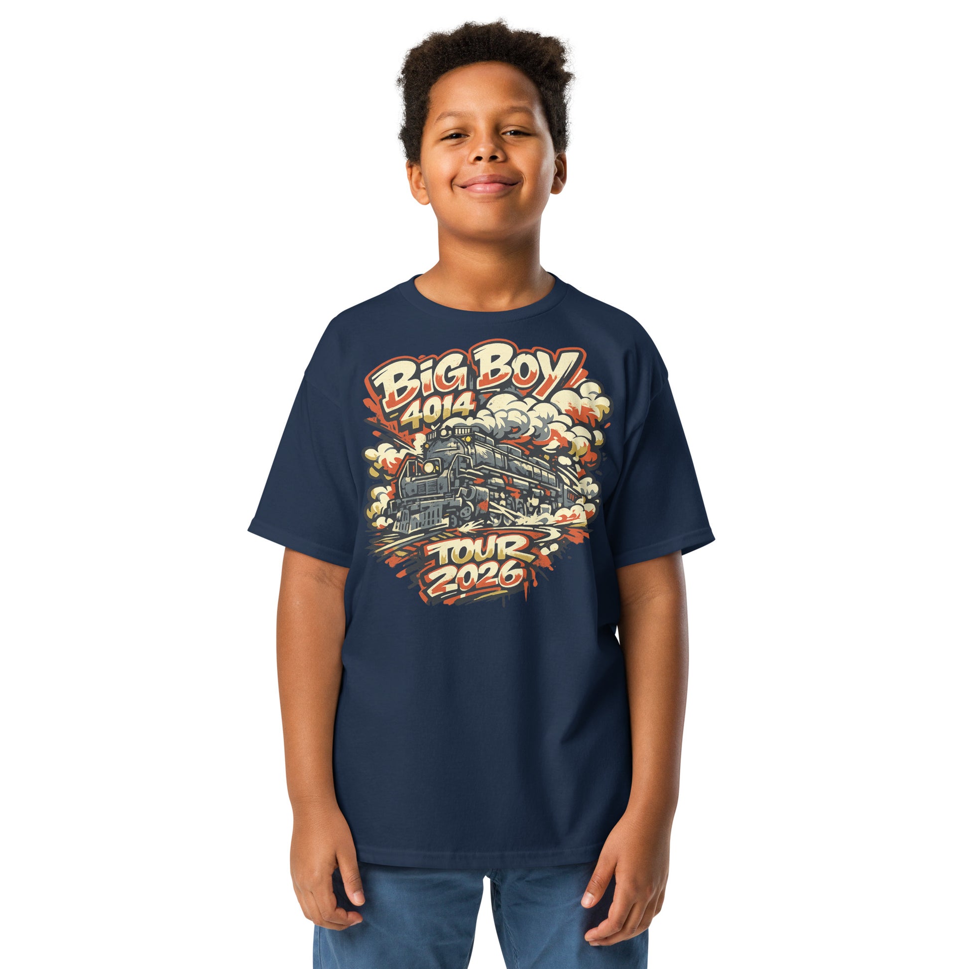 Child wearing a navy t-shirt with colorful Big Boy 4014 graphics and text on a white background