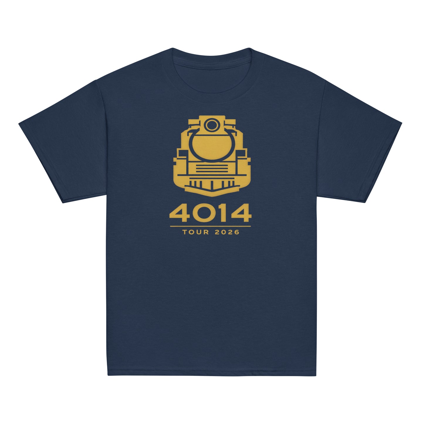 Navy blue t-shirt with yellow train graphic and '4014 Tour 2026' text on a white background