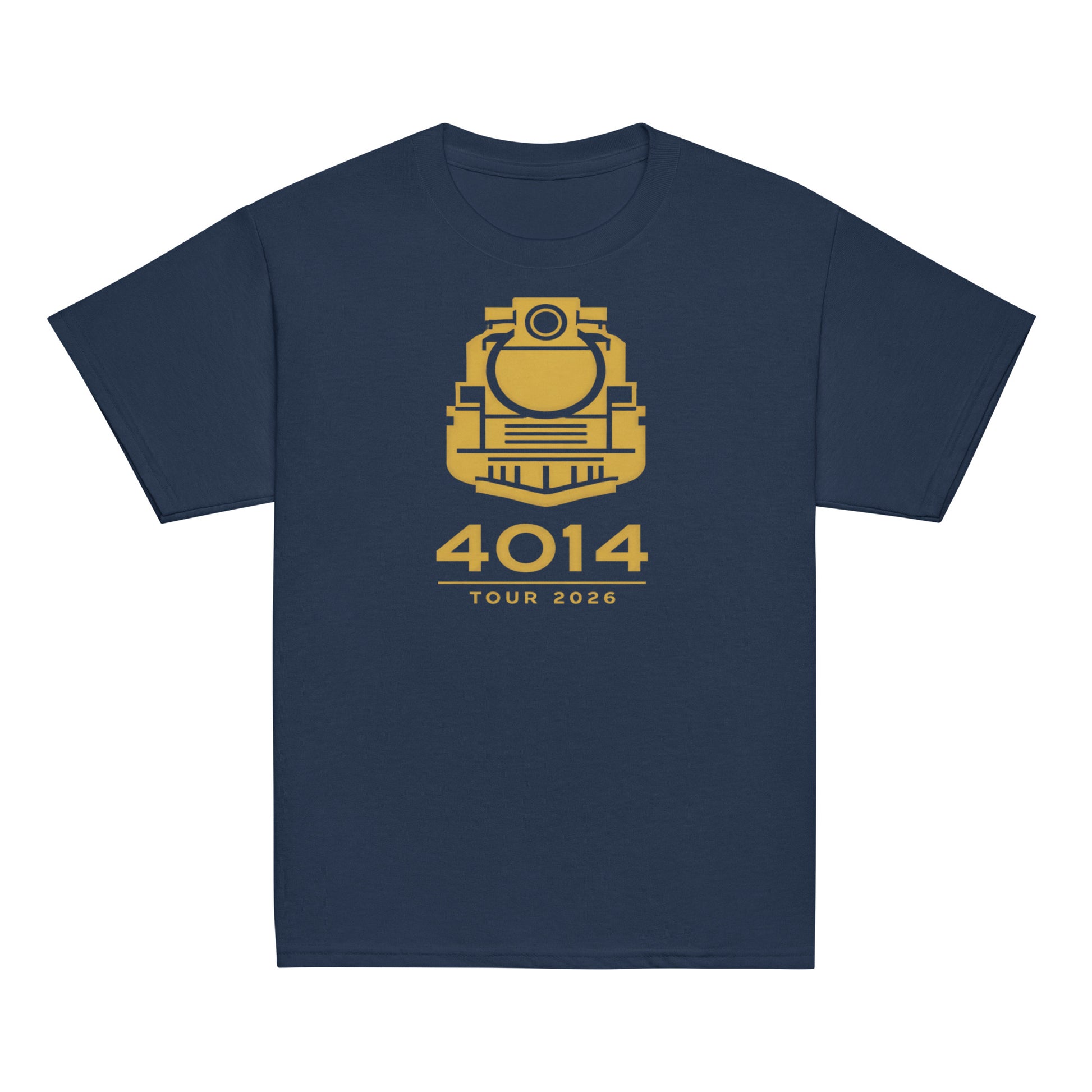 Navy blue t-shirt with yellow train graphic and '4014 Tour 2026' text on a white background