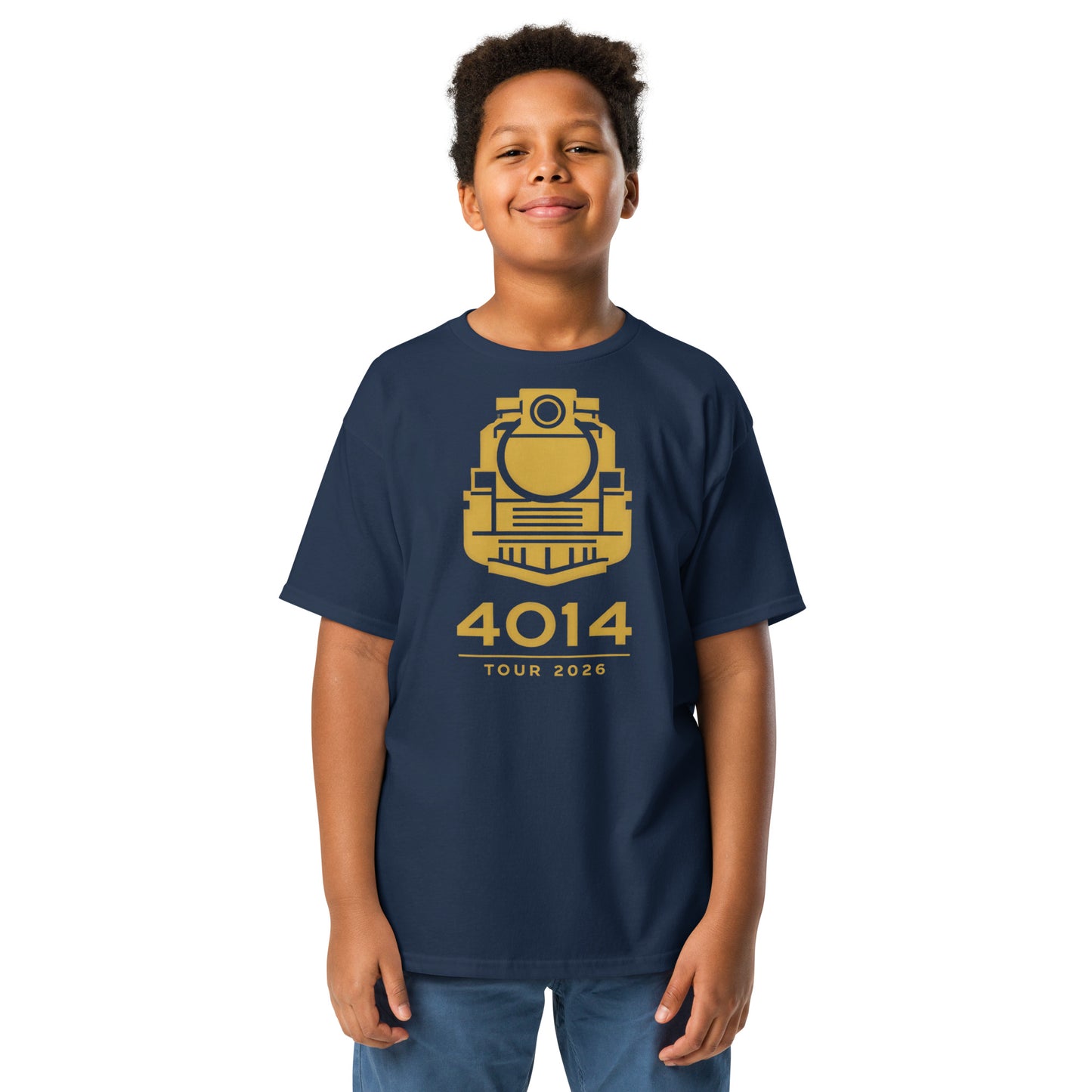 Child wearing a navy blue t-shirt with 4014 tour gold logo on a white background