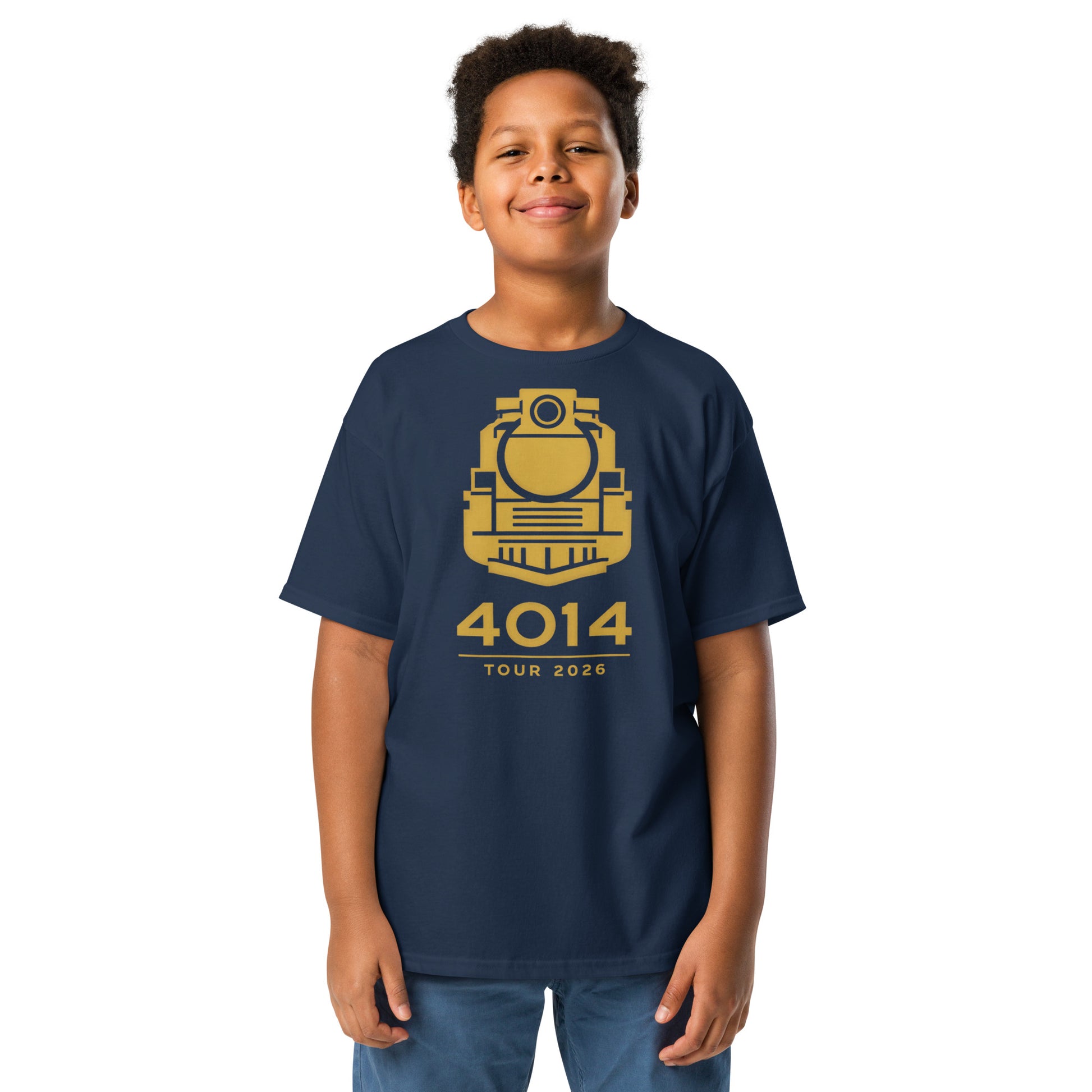 Child wearing a navy blue t-shirt with 4014 tour gold logo on a white background