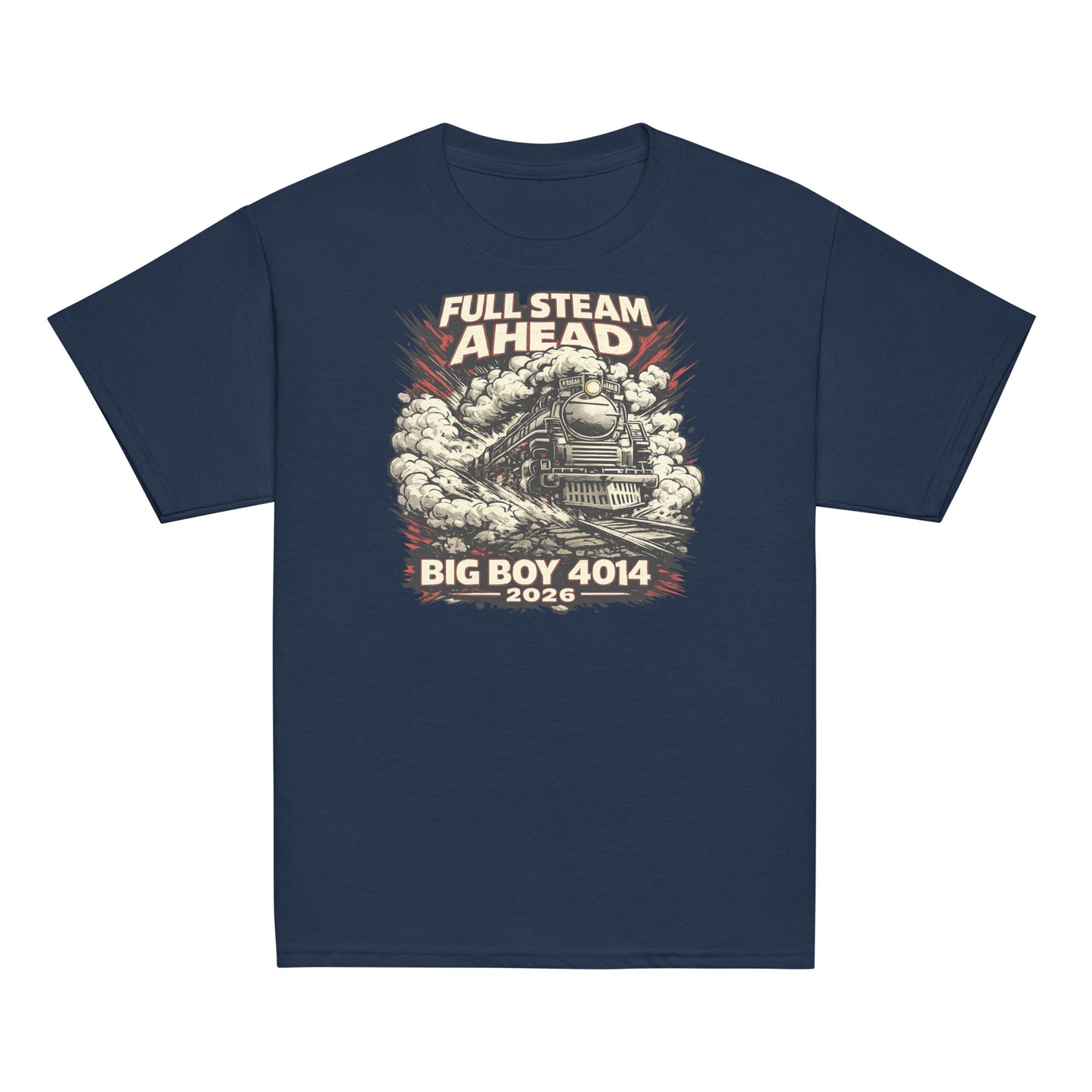 Navy blue t-shirt with a graphic of a steam locomotive and text 'Full Steam Ahead Big Boy 4014 2026' on a white background.
