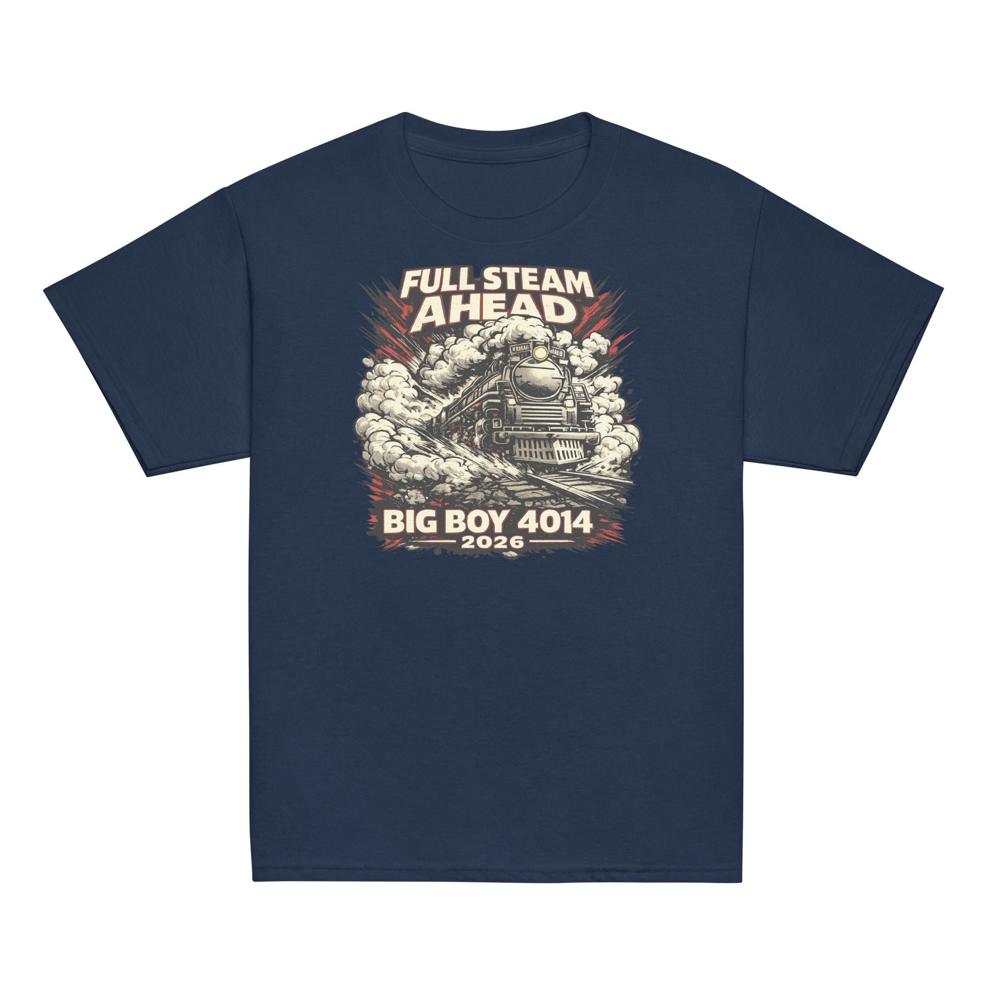 Navy blue t-shirt with a graphic of a steam locomotive and text 'Full Steam Ahead Big Boy 4014 2026' on a white background.
