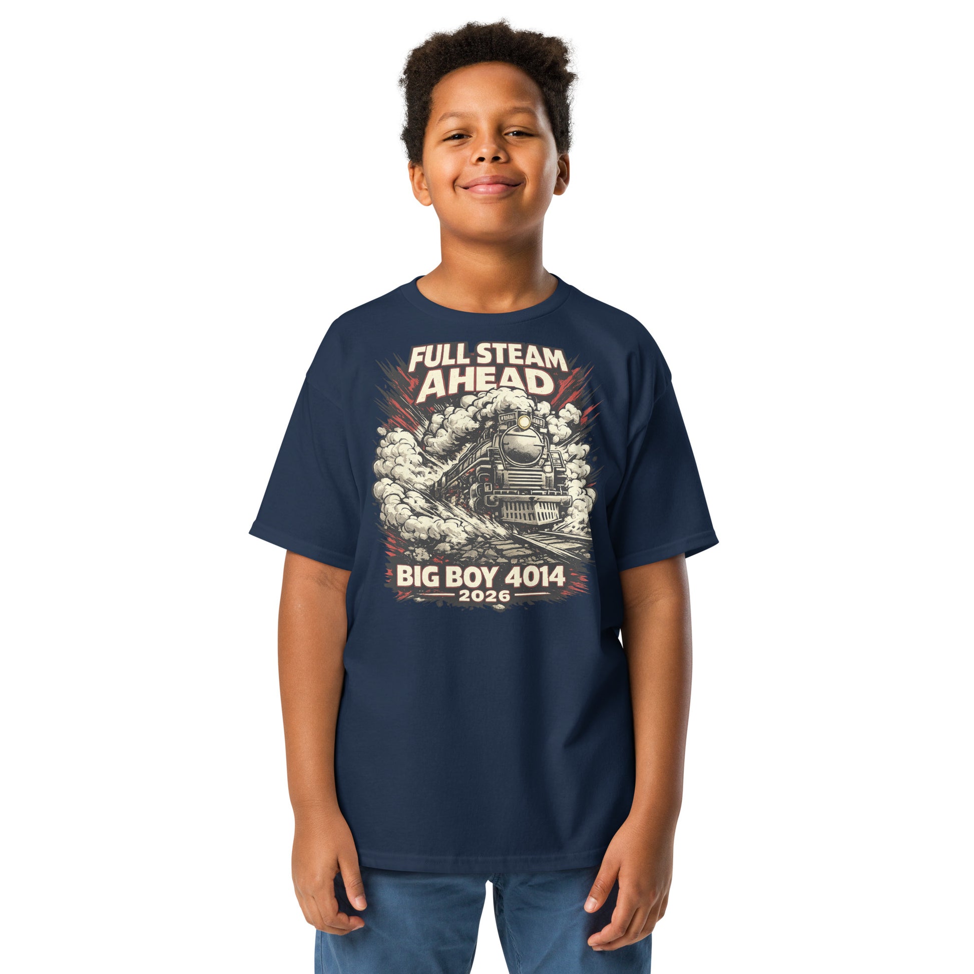 Child wearing a navy blue t-shirt with 'Full Steam Ahead' graphic design on a white background