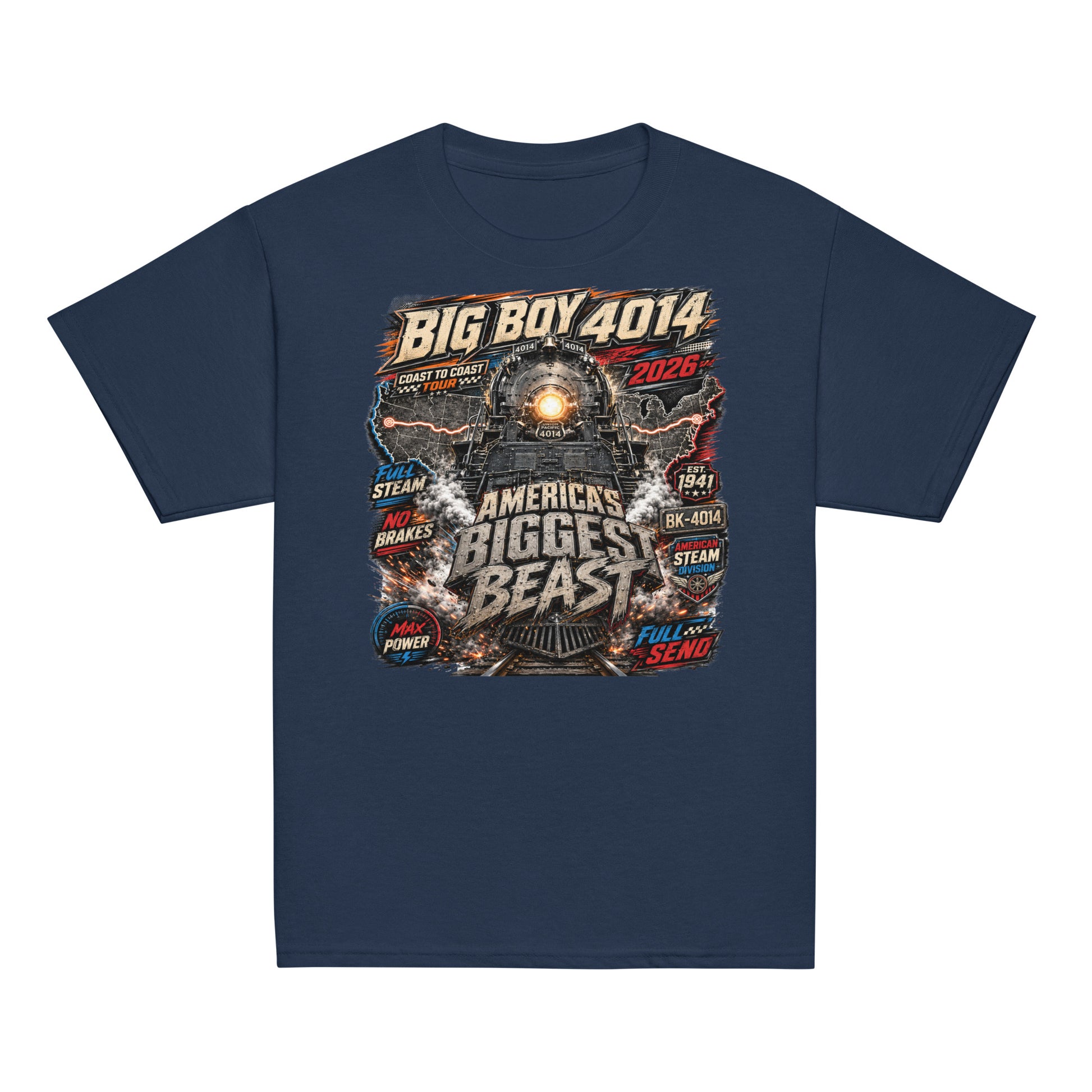 Youth navy t-shirt featuring a high-energy, colorful graphic of the Big Boy 4014 steam locomotive backed by a US map, with bold text reading "BIG BOY 4014", "COAST TO COAST TOUR 2026", "AMERICA'S BIGGEST BEAST", "FULL STEAM", "NO BRAKES", "MAX POWER", and "FULL SEND".