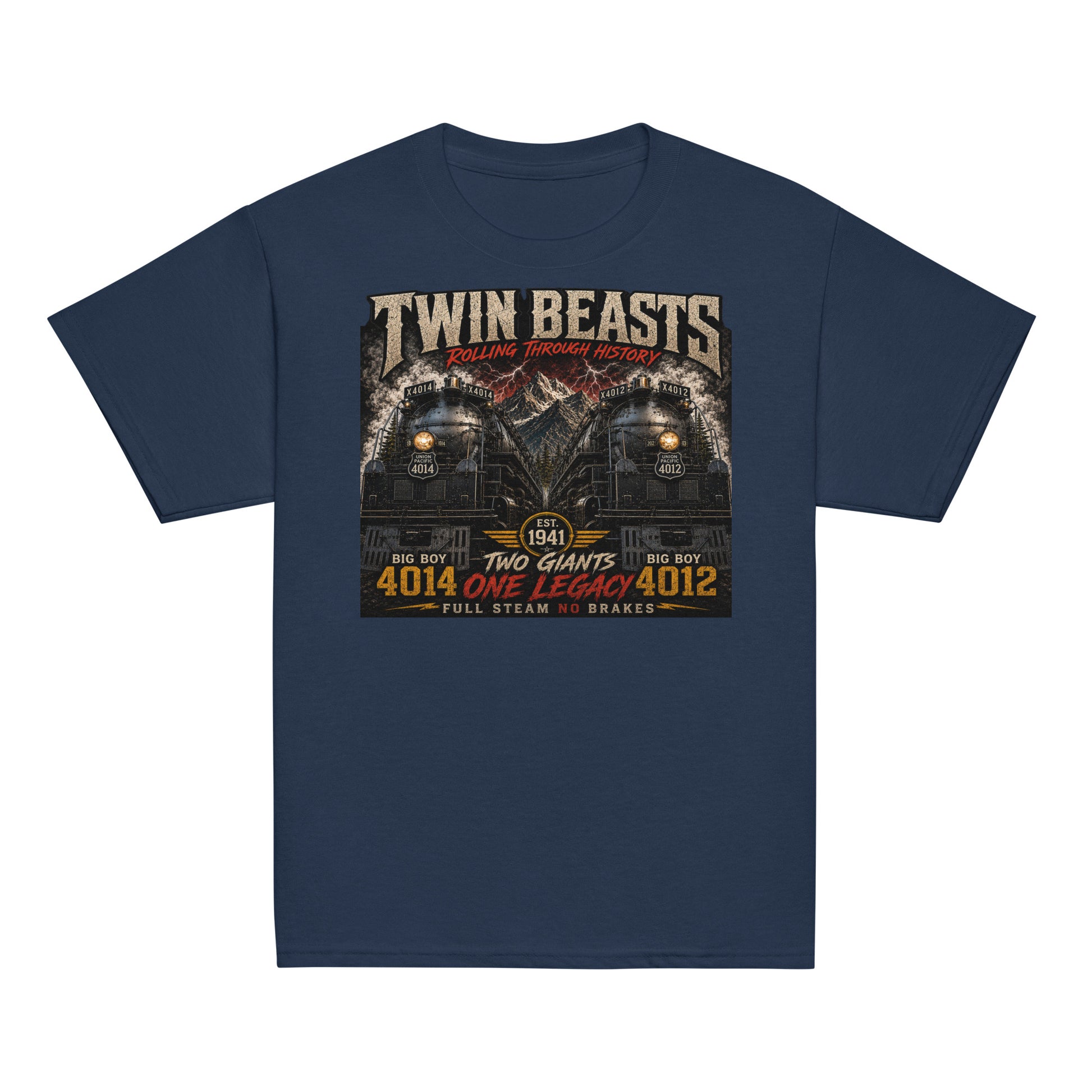 Youth navy t-shirt featuring a symmetrical graphic of two steam locomotives, Big Boy 4014 on the left and Big Boy 4012 on the right, side-by-side in front of a mountain range with red lightning strikes. Text reads "TWIN BEASTS", "ROLLING THROUGH HISTORY", "EST. 1941", "TWO GIANTS ONE LEGACY", and "FULL STEAM NO BRAKES".