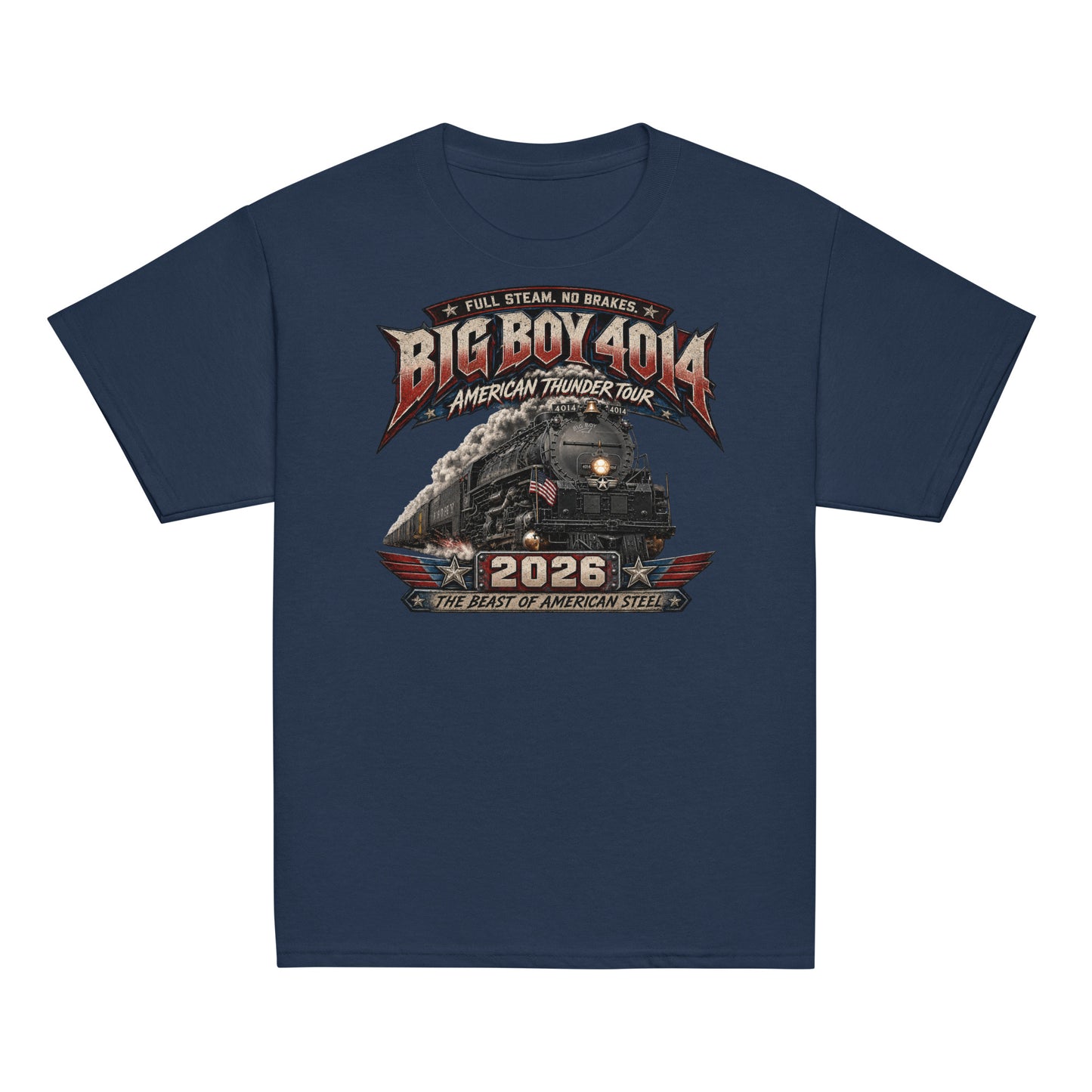 Youth navy t-shirt featuring a dynamic graphic of the Big Boy 4014 steam locomotive charging forward with billowing smoke and a small American flag on the front. Bold, aggressive text reads "FULL STEAM. NO BRAKES.", "BIG BOY 4014", "AMERICAN THUNDER TOUR", "2026", and "THE BEAST OF AMERICAN STEEL" in red, white, and blue patriotic styling.