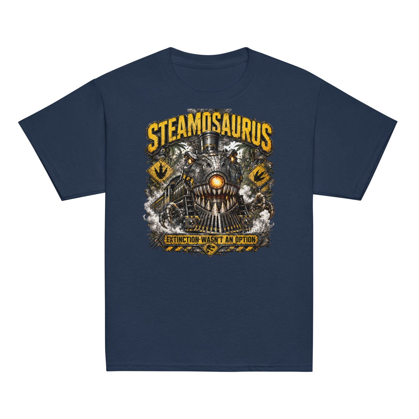 Youth navy t-shirt featuring a graphic that combines a T-Rex dinosaur and a steam locomotive. The monster train has metal teeth, mechanical claws, and a glowing orange headlight. Yellow distressed text reads "STEAMOSAURUS" at the top and "EXTINCTION WASN'T AN OPTION" on a hazard banner at the bottom. The background includes jungle trees and yellow dinosaur footprint caution signs.