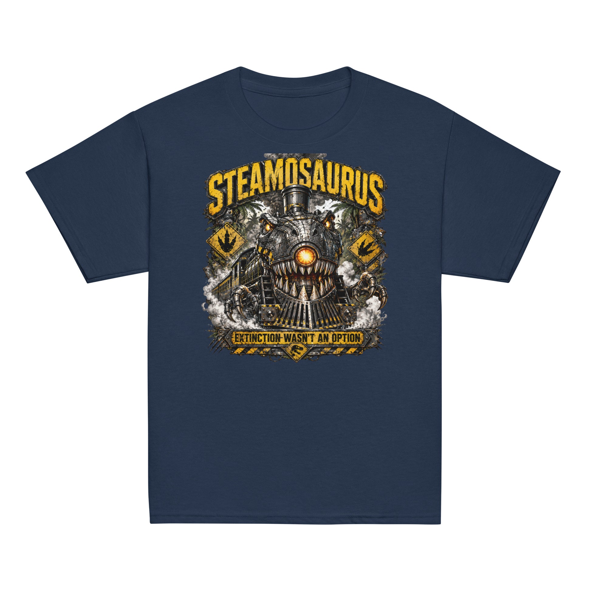 Youth navy t-shirt featuring a graphic that combines a T-Rex dinosaur and a steam locomotive. The monster train has metal teeth, mechanical claws, and a glowing orange headlight. Yellow distressed text reads "STEAMOSAURUS" at the top and "EXTINCTION WASN'T AN OPTION" on a hazard banner at the bottom. The background includes jungle trees and yellow dinosaur footprint caution signs.