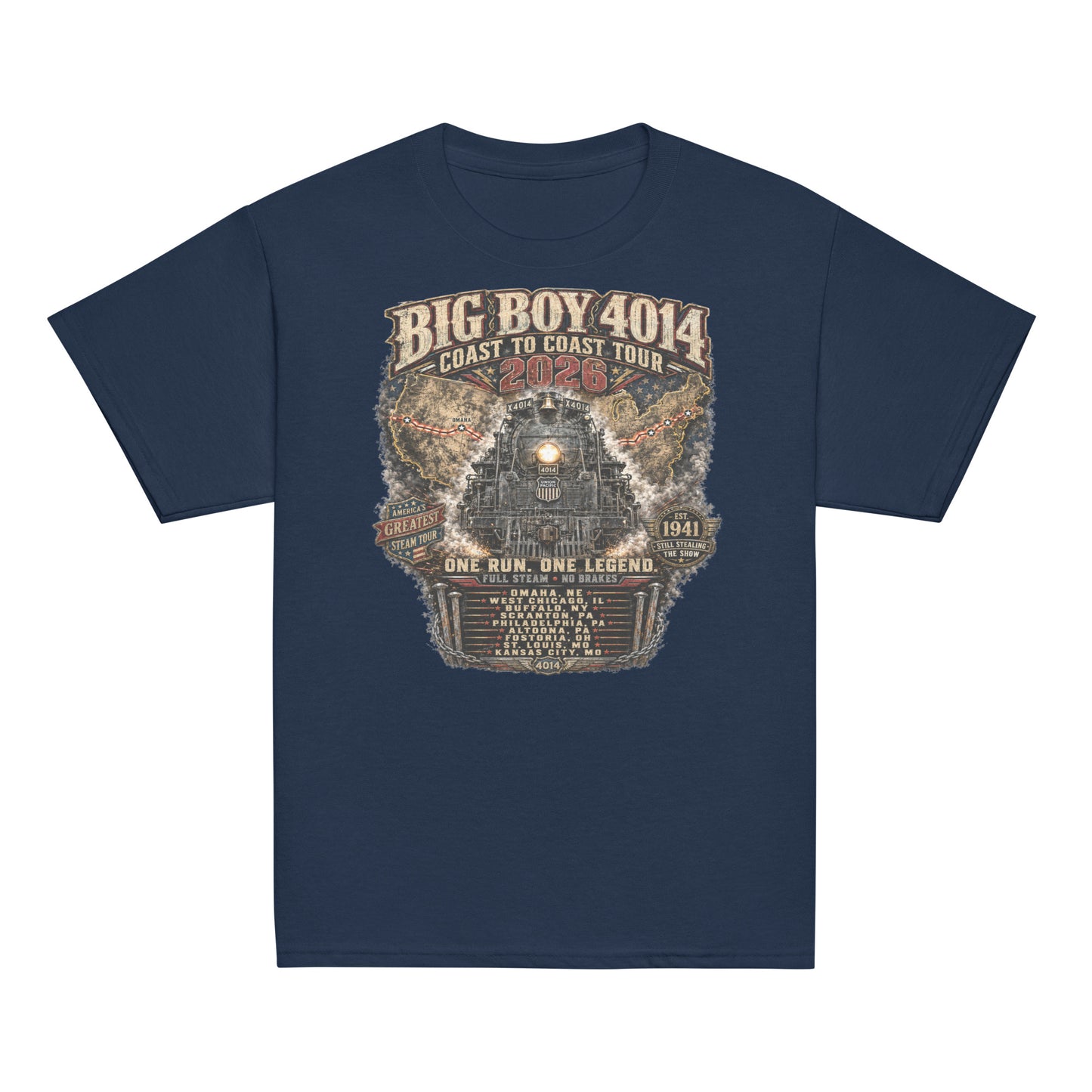 Youth navy t-shirt featuring a highly detailed vintage graphic of the Big Boy 4014 steam locomotive facing forward. Behind the train is a map of the United States showing the 2026 tour route. Text reads "BIG BOY 4014", "COAST TO COAST TOUR 2026", "ONE RUN. ONE LEGEND.", and "FULL STEAM - NO BRAKES". The graphic includes badges for "America's Greatest Steam Tour" and "Est 1941", along with a roster of the nine tour stops.