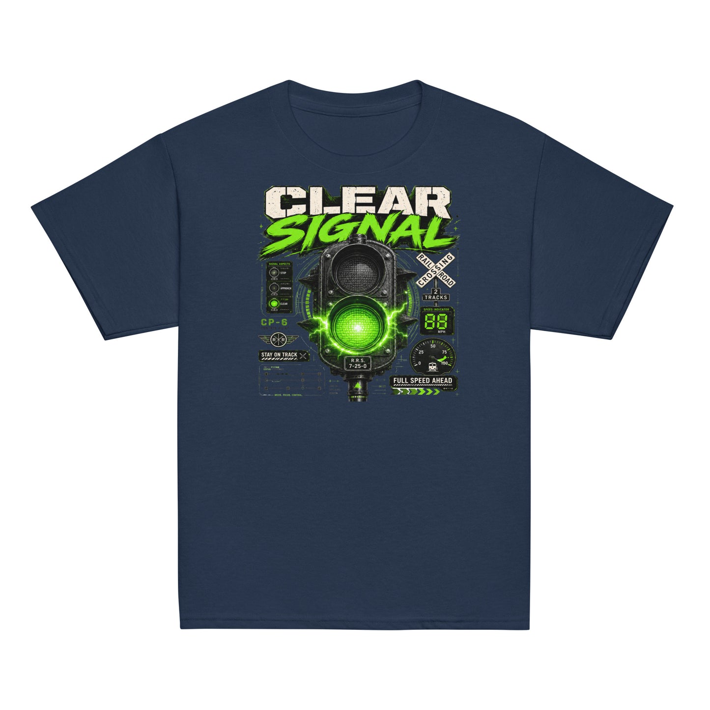 Navy short-sleeve t-shirt featuring a bold graphic with the words CLEAR SIGNAL in white and neon green above an electrified green train signal, railroad crossing signs, and technical dials.