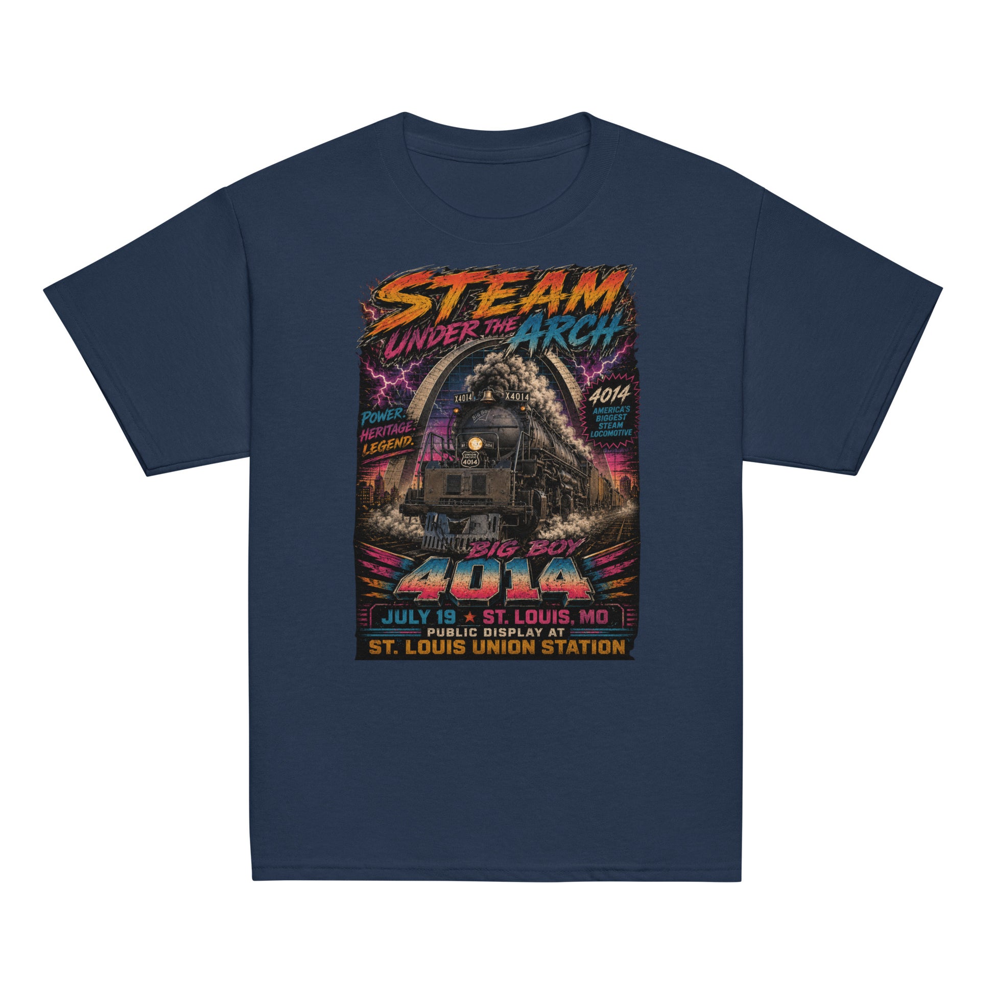 Youth navy t-shirt featuring a bright, 1980s retro-neon graphic. The Big Boy 4014 steam locomotive is charging forward under the St. Louis Gateway Arch with electric pink lightning in the background. Bold neon text reads "STEAM UNDER THE ARCH", "BIG BOY 4014", "JULY 19 - ST. LOUIS, MO", and "PUBLIC DISPLAY AT ST. LOUIS UNION STATION". Side text badges read "POWER. HERITAGE. LEGEND." and "4014 AMERICA'S BIGGEST STEAM LOCOMOTIVE".