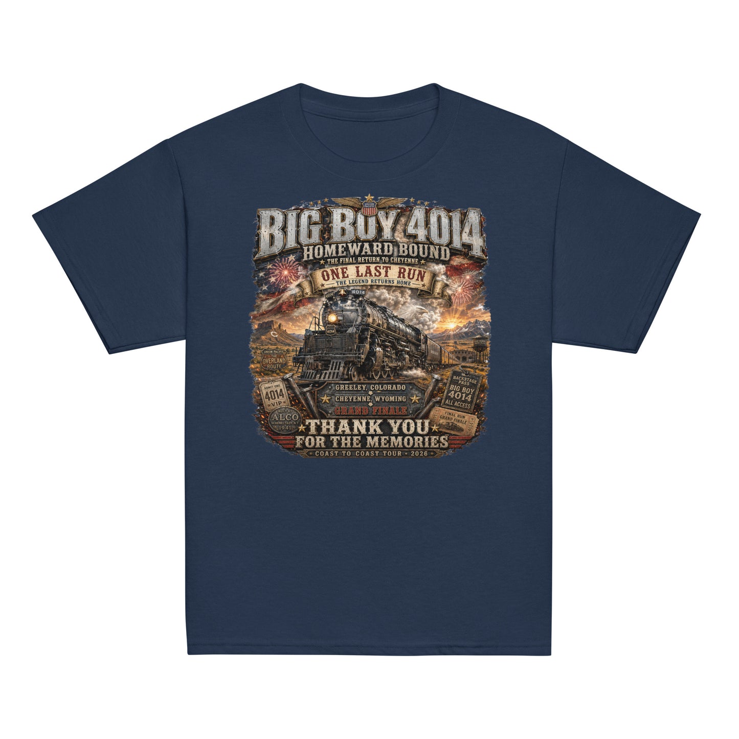 Youth navy t-shirt featuring an intricate graphic of the Big Boy 4014 steam locomotive charging through a western landscape with a sunset and fireworks in the sky. Text reads "BIG BOY 4014", "HOMEWARD BOUND", "THE FINAL RETURN TO CHEYENNE", "ONE LAST RUN", and "THANK YOU FOR THE MEMORIES". The design includes vintage ticket stubs and lists Greeley, Colorado and Cheyenne, Wyoming for the Grand Finale of the Coast to Coast Tour 2026.ckup