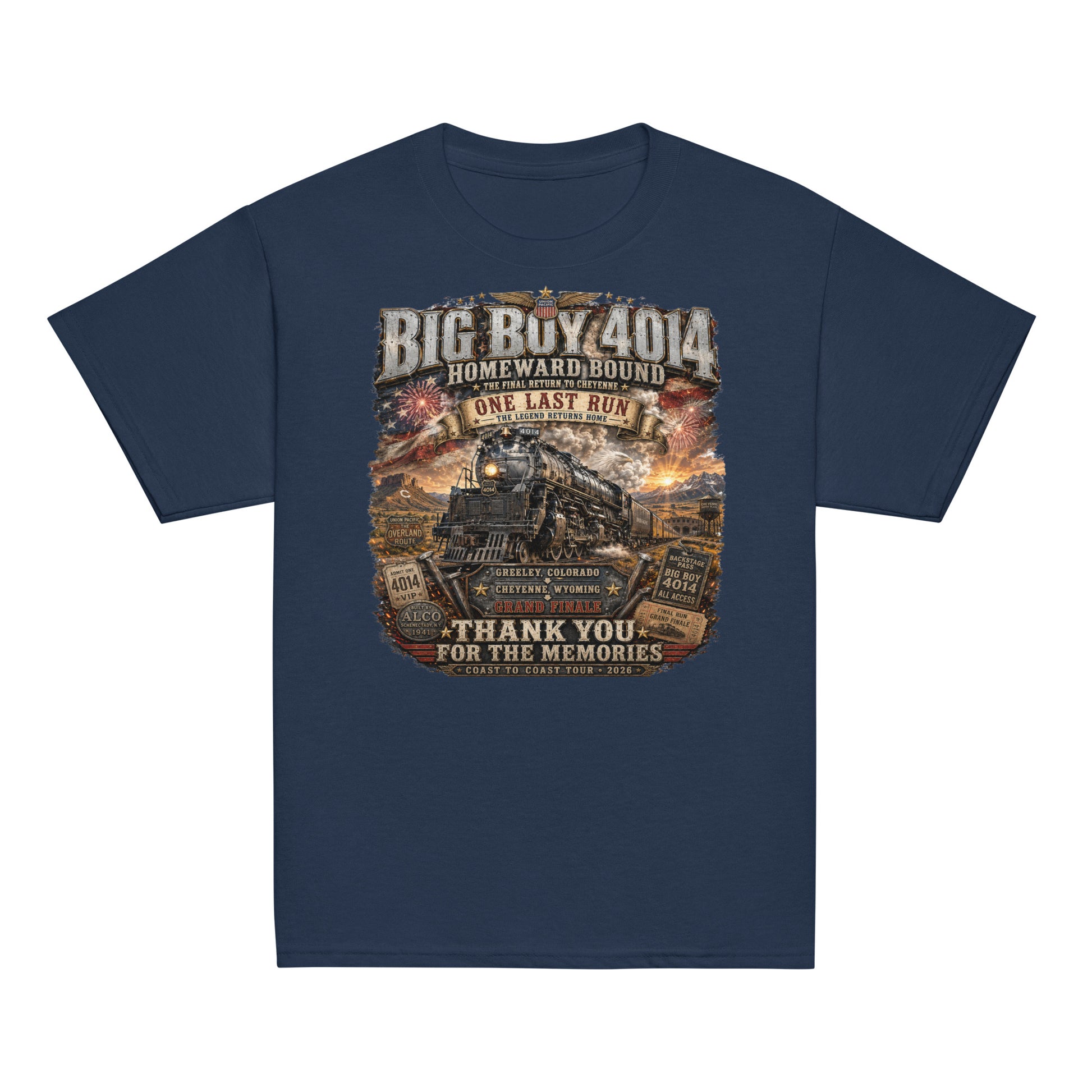 Youth navy t-shirt featuring an intricate graphic of the Big Boy 4014 steam locomotive charging through a western landscape with a sunset and fireworks in the sky. Text reads "BIG BOY 4014", "HOMEWARD BOUND", "THE FINAL RETURN TO CHEYENNE", "ONE LAST RUN", and "THANK YOU FOR THE MEMORIES". The design includes vintage ticket stubs and lists Greeley, Colorado and Cheyenne, Wyoming for the Grand Finale of the Coast to Coast Tour 2026.ckup