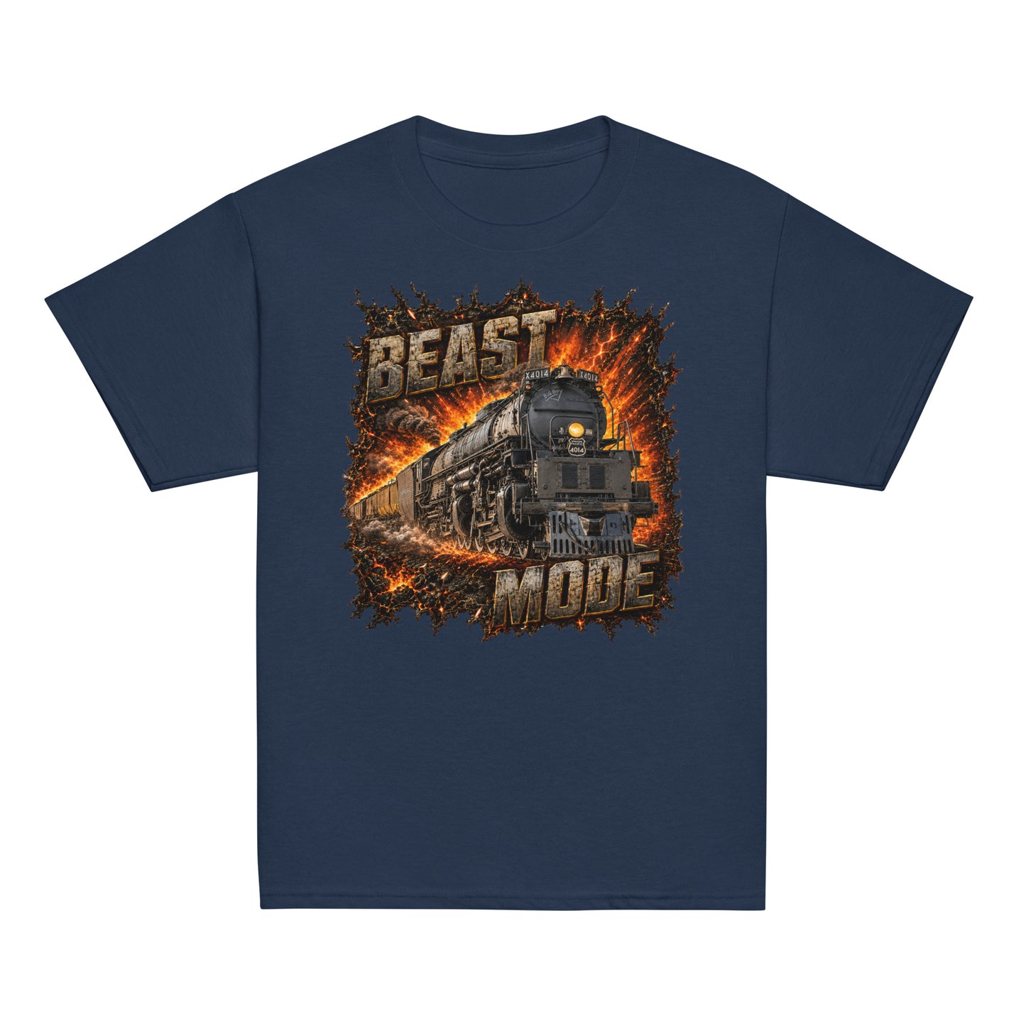 Navy short-sleeve t-shirt featuring an explosive, fiery graphic of a steam locomotive charging forward, framed by the text BEAST at the top and MODE at the bottom in rugged, stone-textured letters.