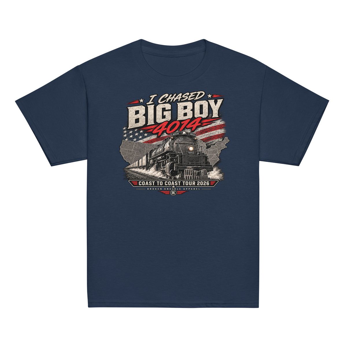 Navy short-sleeve t-shirt featuring a graphic of the Big Boy steam locomotive charging out of a US map with an American flag pattern, surrounded by the text I CHASED BIG BOY 4014 and COAST TO COAST TOUR 2026.