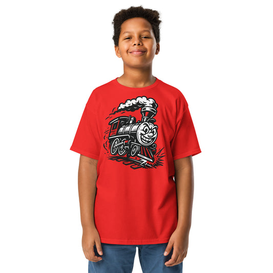 Child wearing a red t-shirt with a train graphic on a white background