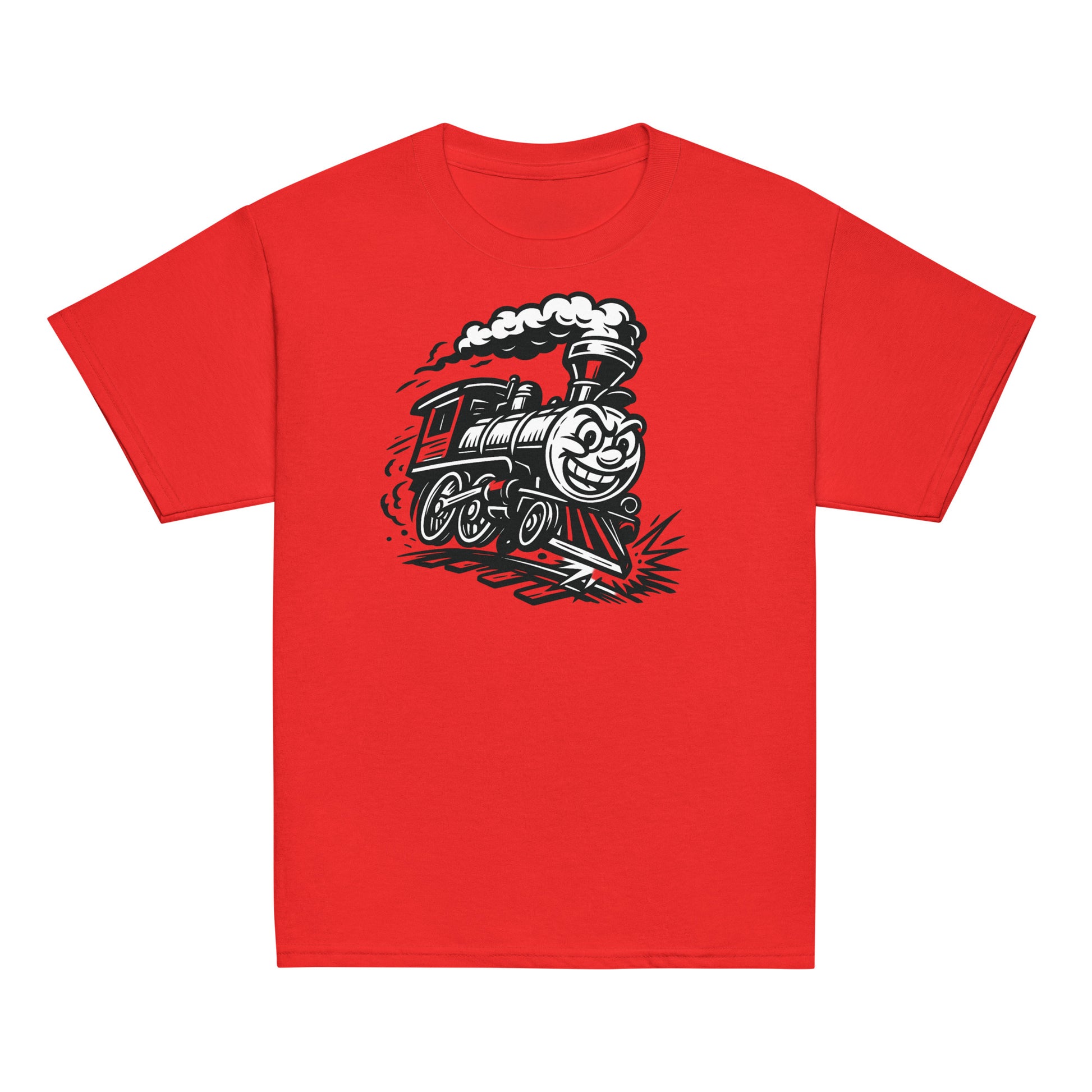 Red t-shirt with a black train graphic on a white background