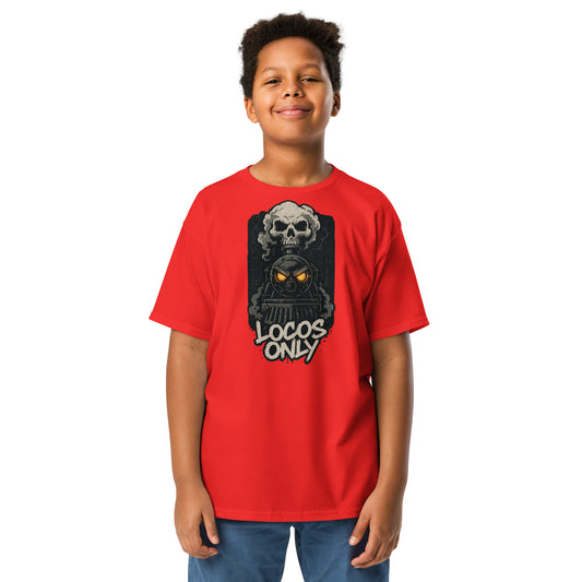 Child wearing a red t-shirt with a graphic design and text on a white background