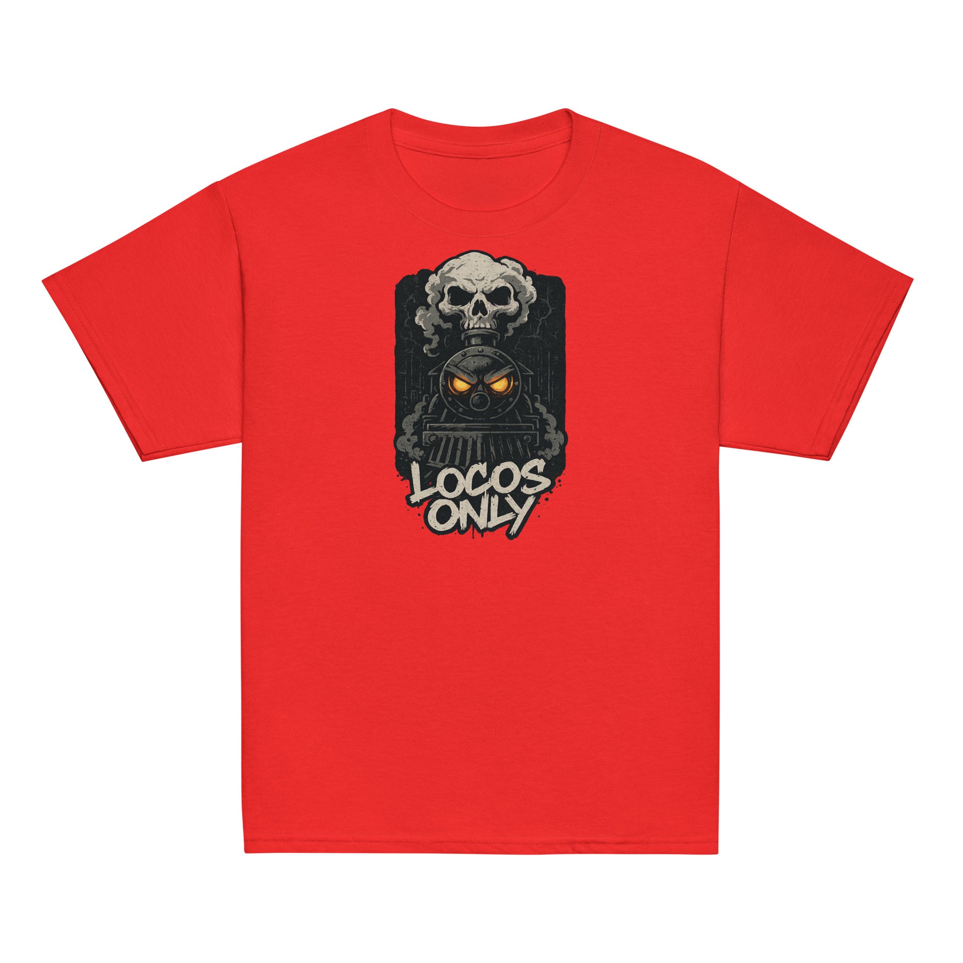 Red t-shirt with a graphic design featuring a skull and text on a white background