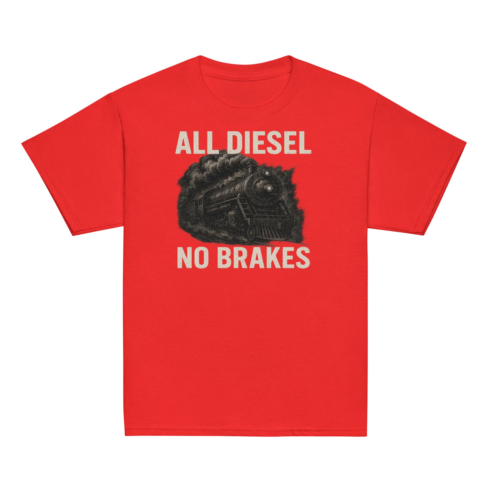 Red t-shirt with black graphic and text 'All Diesel No Brakes' on a white background