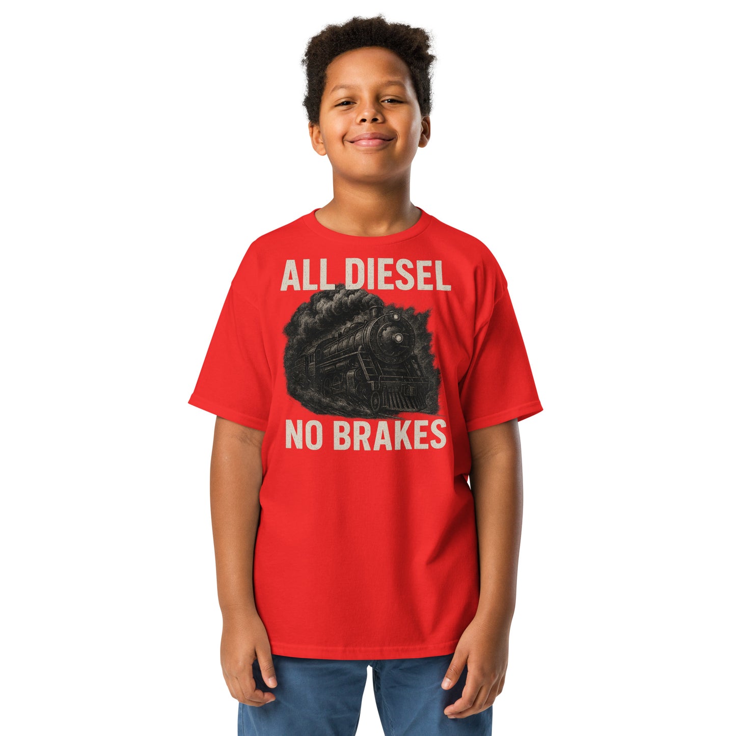 Child wearing a red t-shirt with 'All Diesel No Brakes' graphic and text.